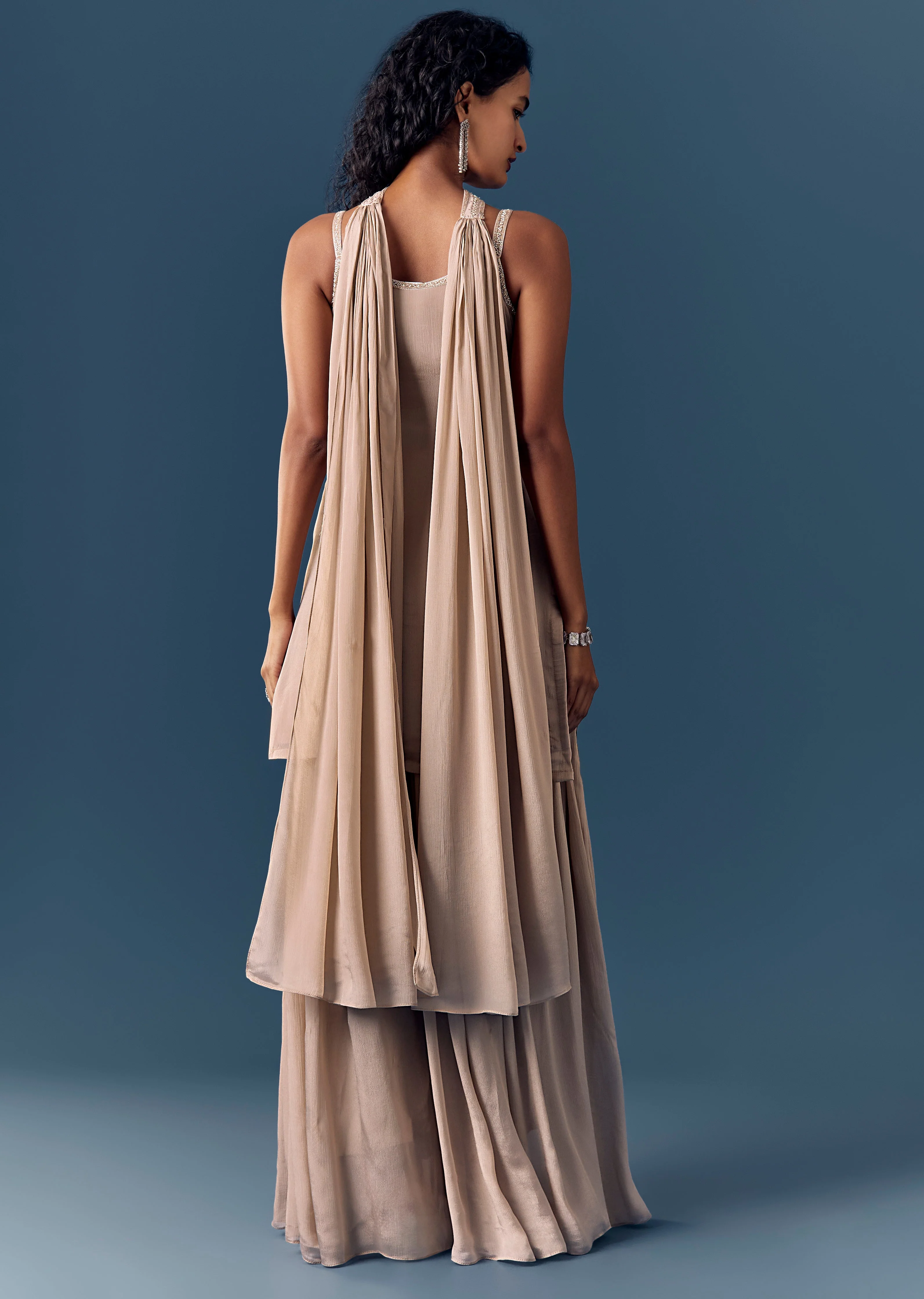 Soft Shimmer Pastel Couple Set – Beige Sequinned Sleeveless Kurta Palazzo Set with Dupatta for Her And Lilac Embellished Rawsilk Kurta Set for Him - Image 5