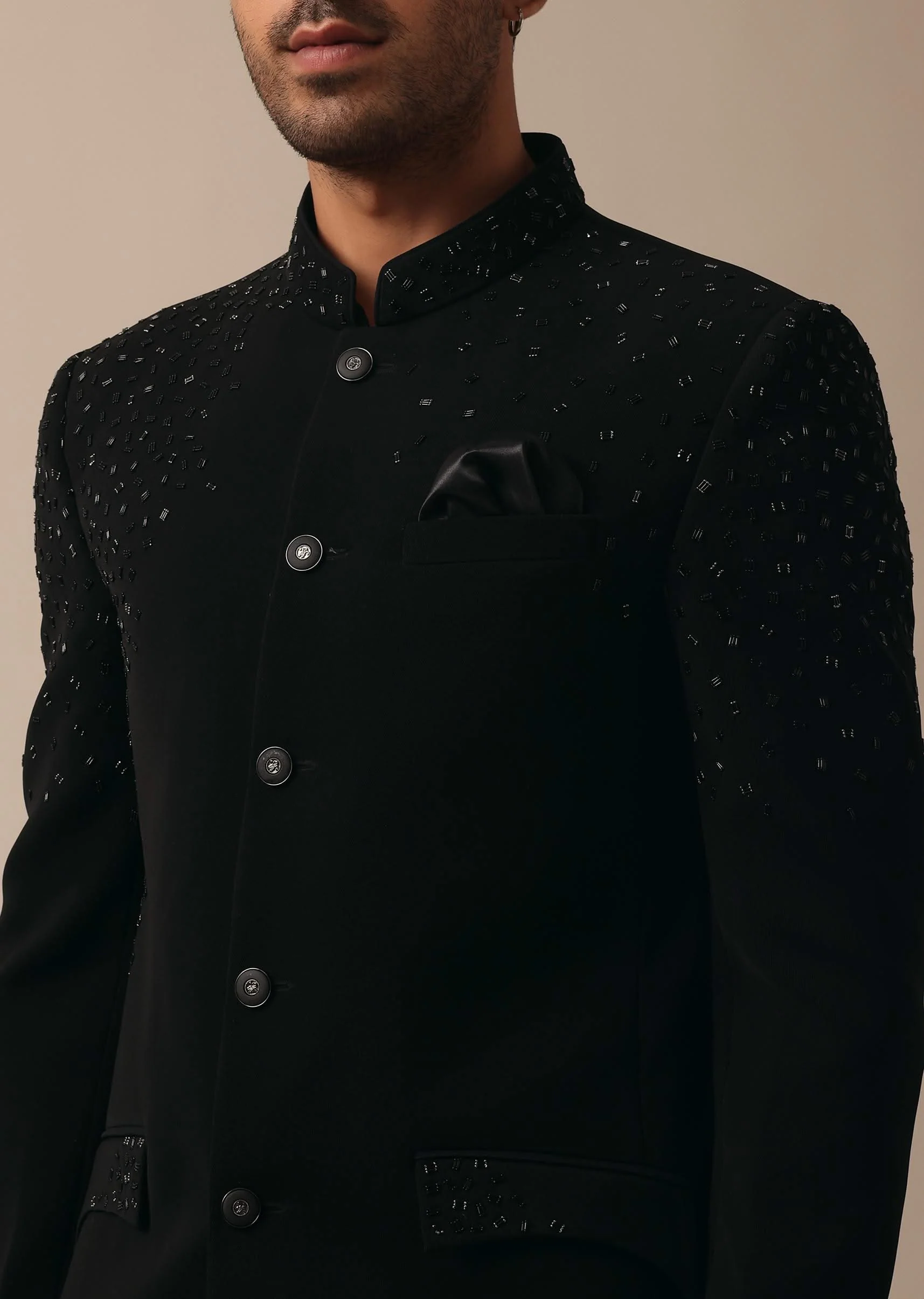 Sophisticated Black Textured Fabric Jodhpuri Suit - Image 2