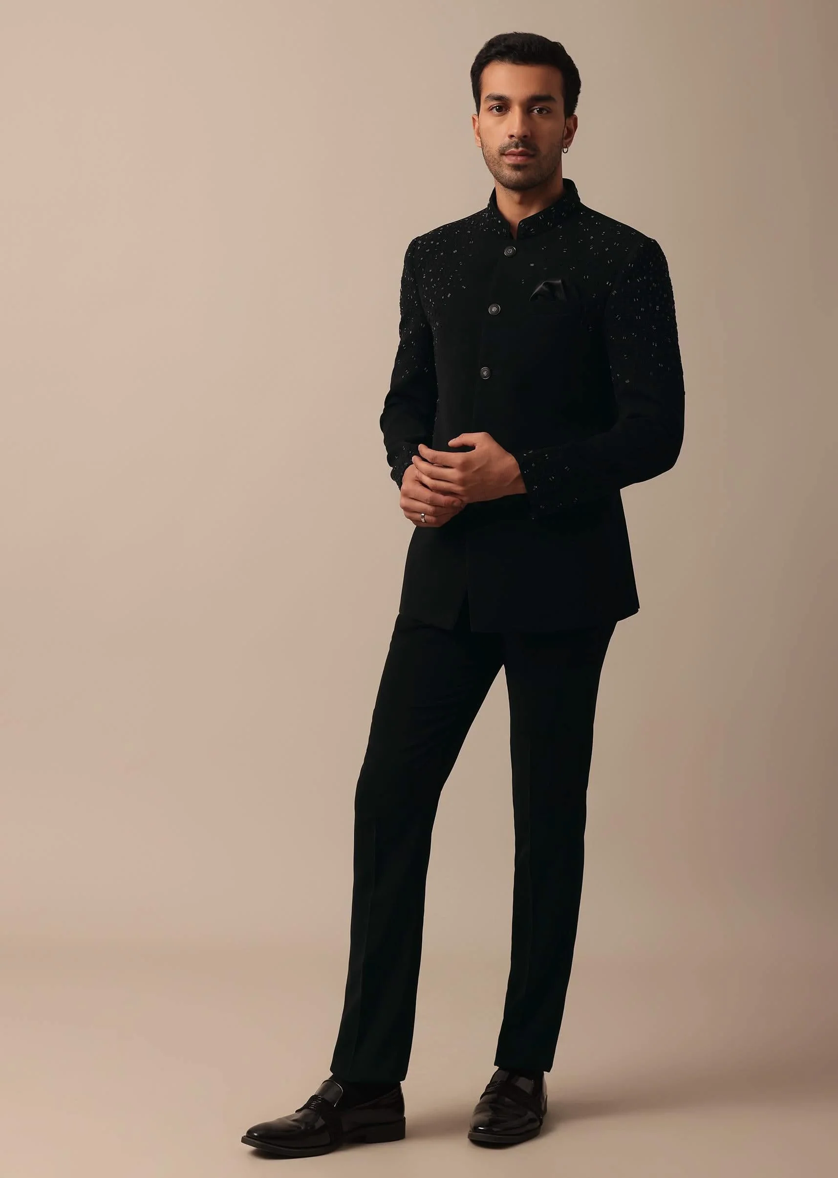 Sophisticated Black Textured Fabric Jodhpuri Suit - Image 3