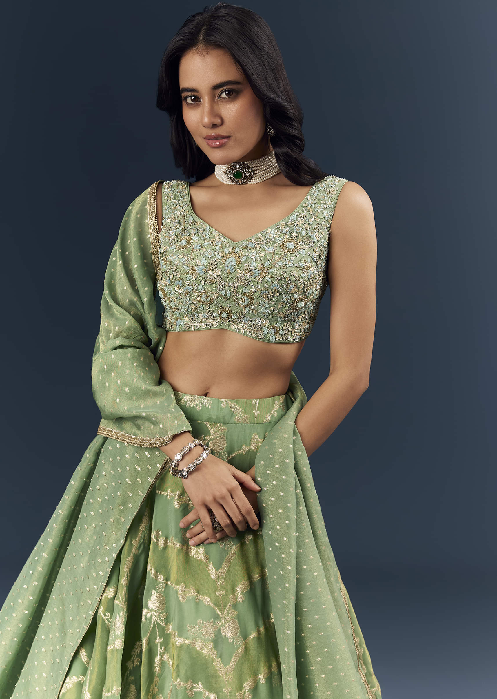 Spa Green Banarasi Silk Bridesmaid Lehenga With Heavy Hand Embroidery - Image 3