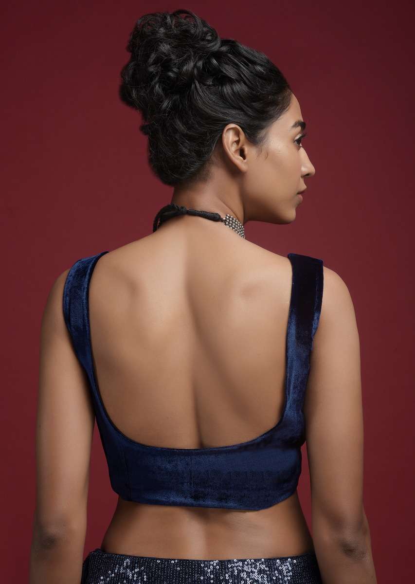 Space Blue Blouse In Velvet With Front Zip Opening - Image 2