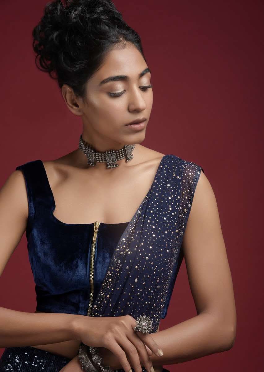 Space Blue Blouse In Velvet With Front Zip Opening - Image 3