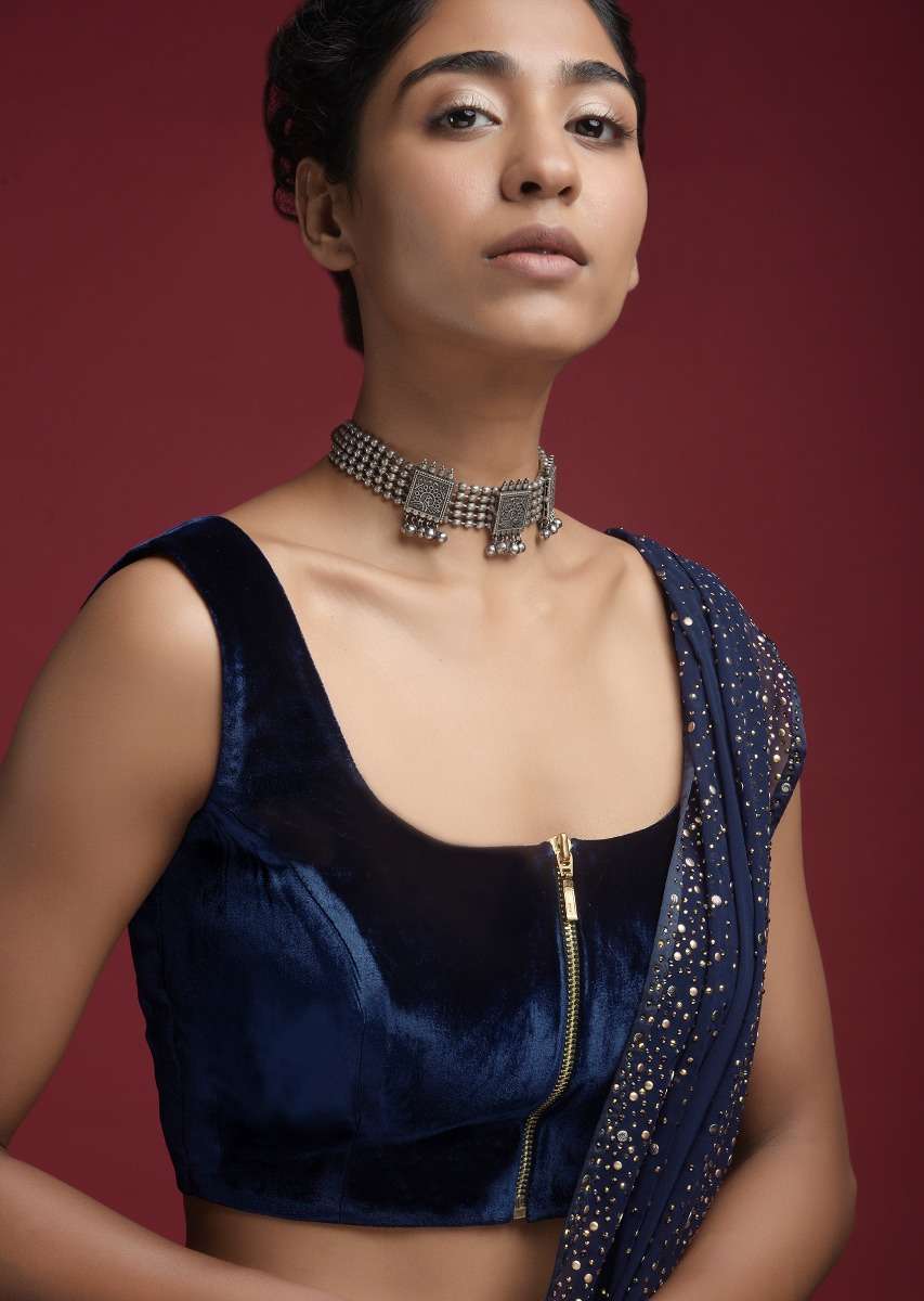 Space Blue Blouse In Velvet With Front Zip Opening - Image 5