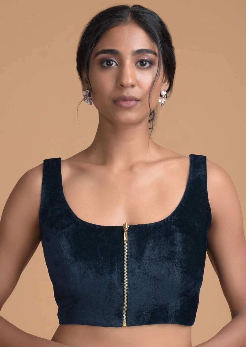 Space Blue Blouse In Velvet With Front Zip Opening - Image 6