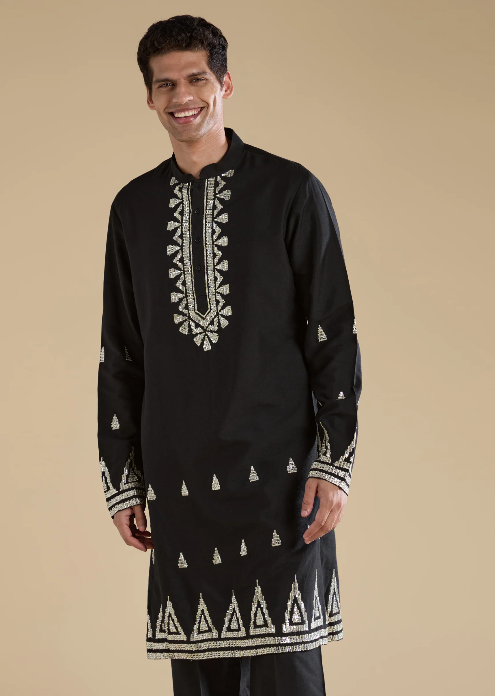 Statement Black Modern Couple Set – Black Chinon Crop Top Skirt Set For Her And Black Foil Applique Jacket Kurta Set For Him - Image 8