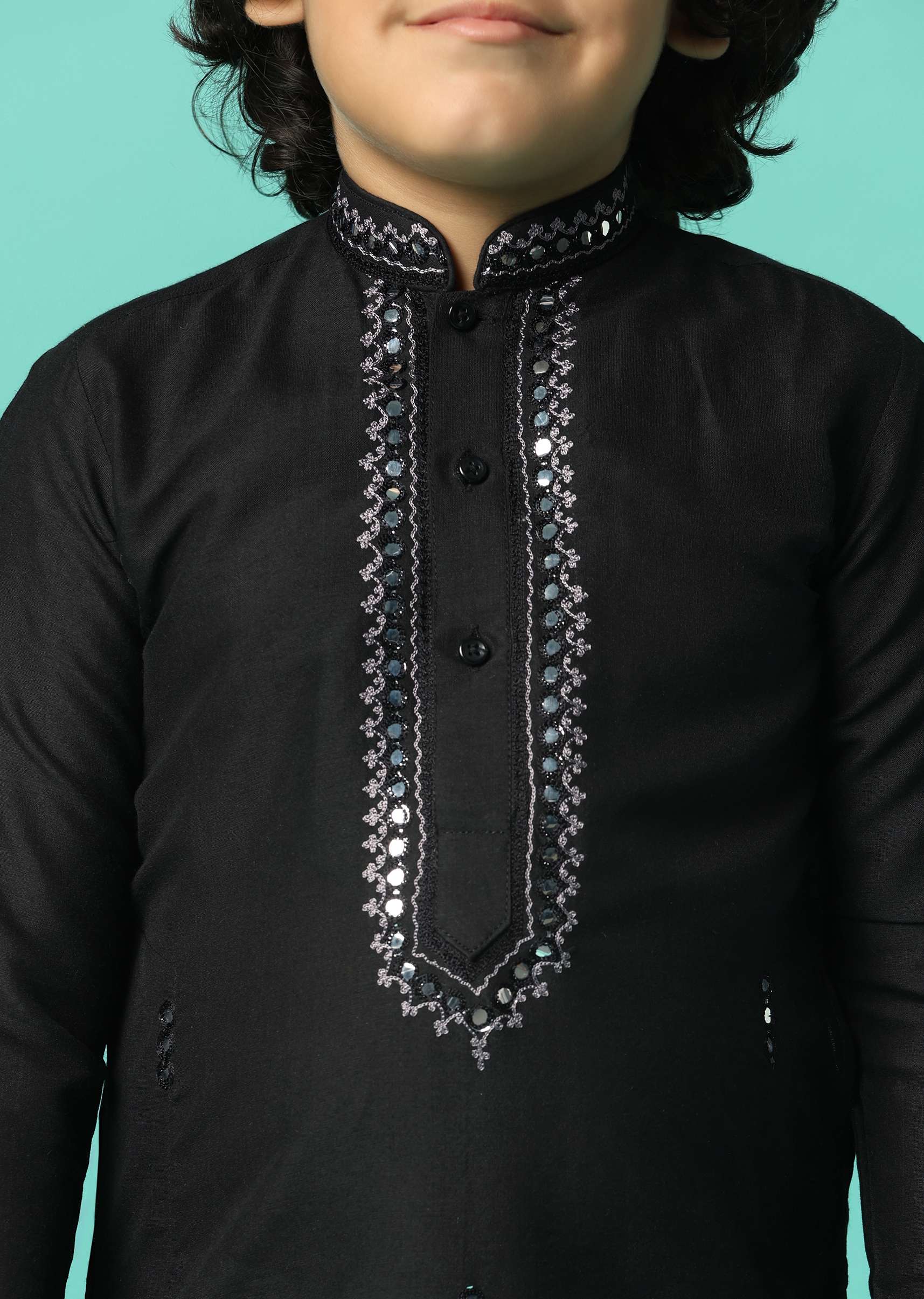 Stylish Black Festive Embroidered Kurta Set For Boys - Image 2