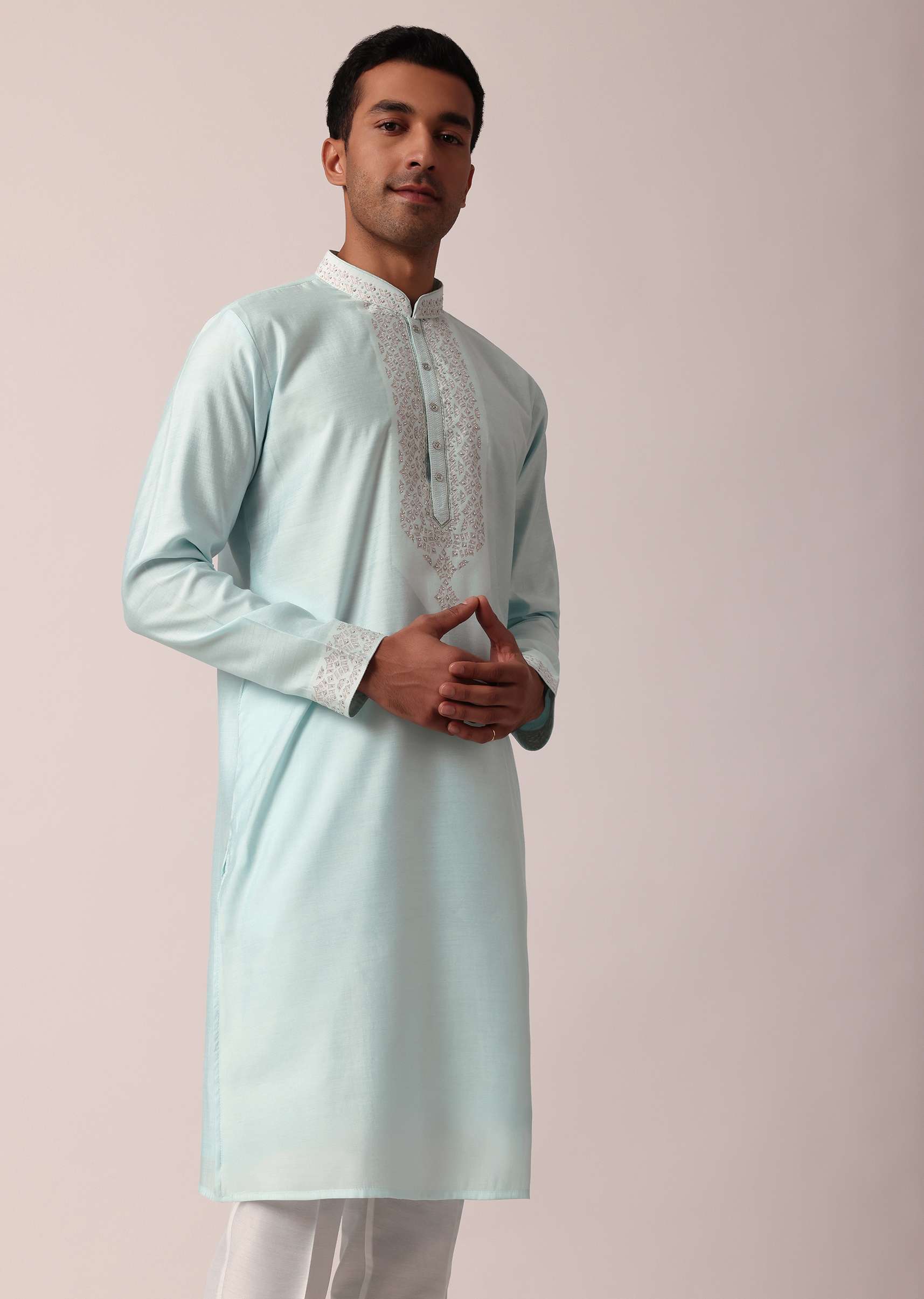 Stylish Blue Silk Kurta Set For Men - Image 3