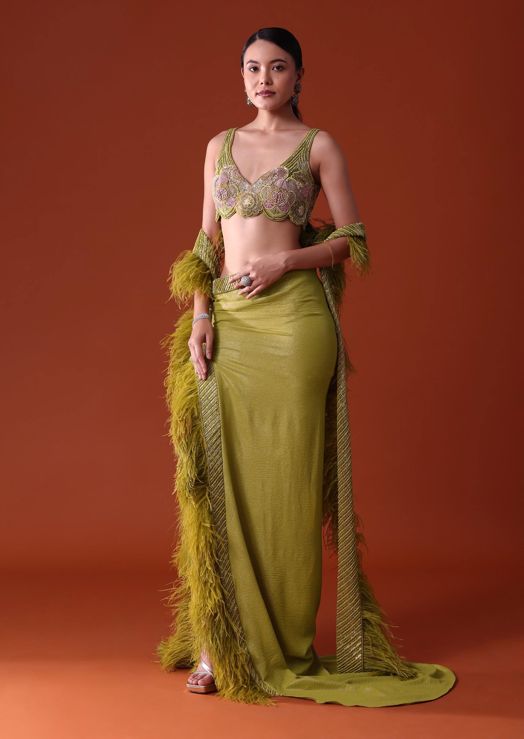 Citrus Green Feathered Dhoti Skirt And Blouse Set - Image 2