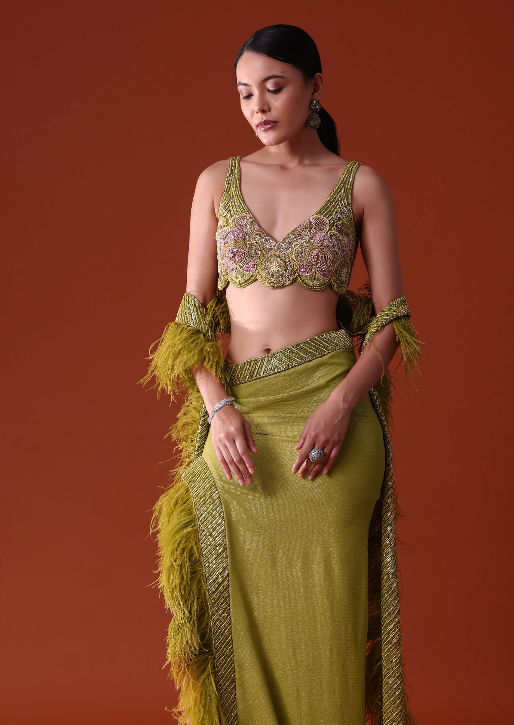 Citrus Green Feathered Dhoti Skirt And Blouse Set - Image 9