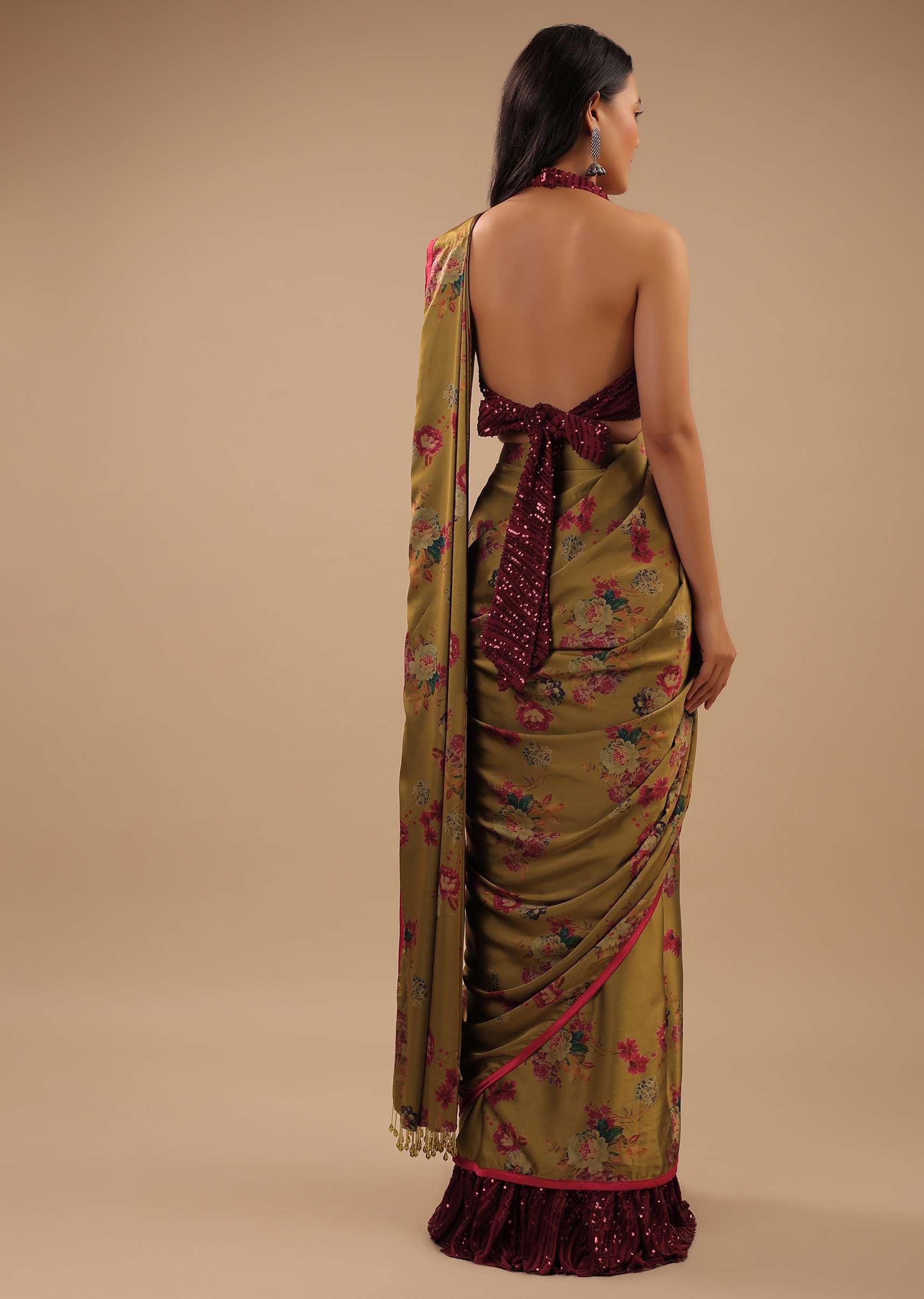 Sulphur Yellow Ready Pleated Saree With Floral Print And Contrast Red Sequins Blouse - Image 2