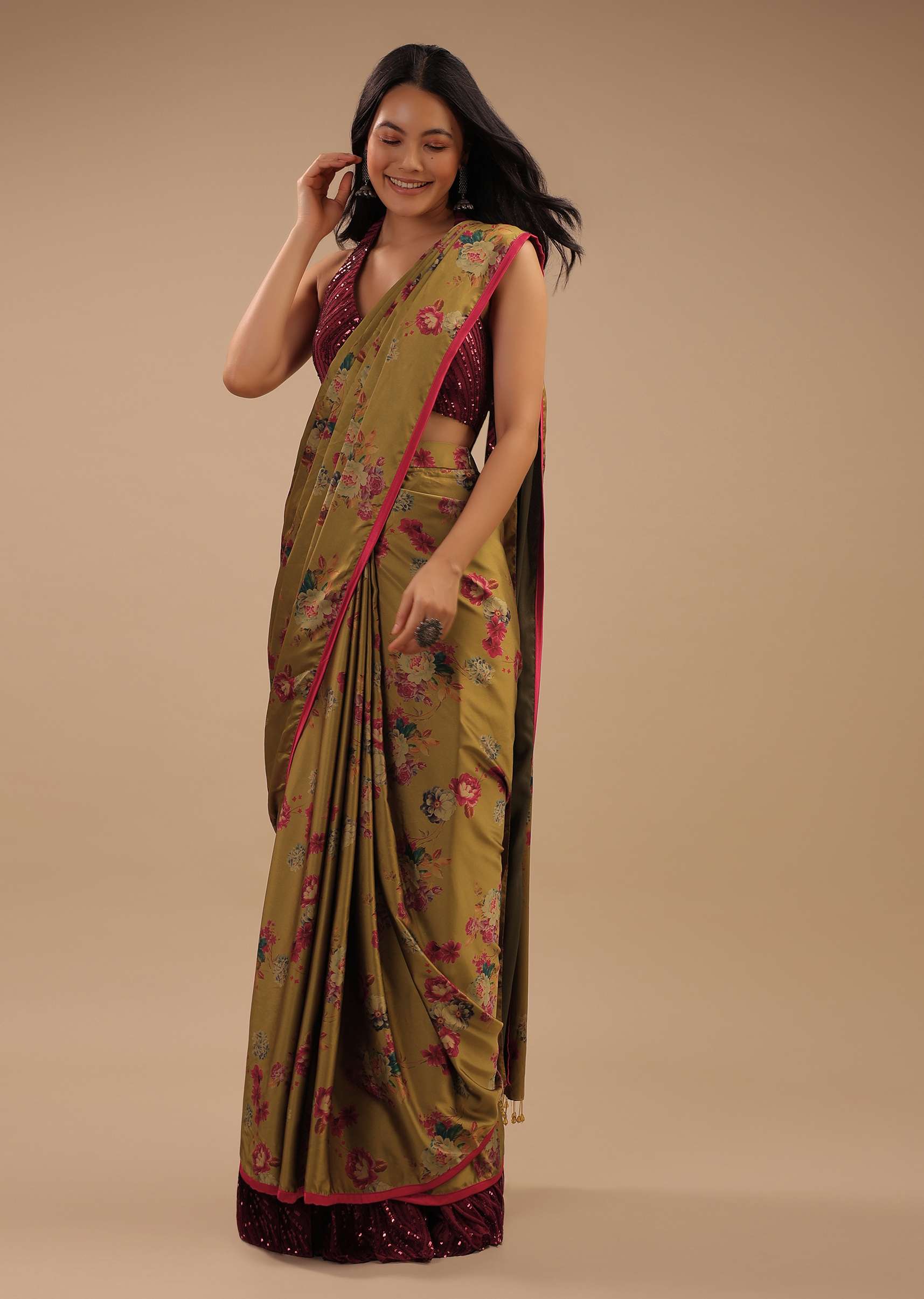 Sulphur Yellow Ready Pleated Saree With Floral Print And Contrast Red Sequins Blouse - Image 3