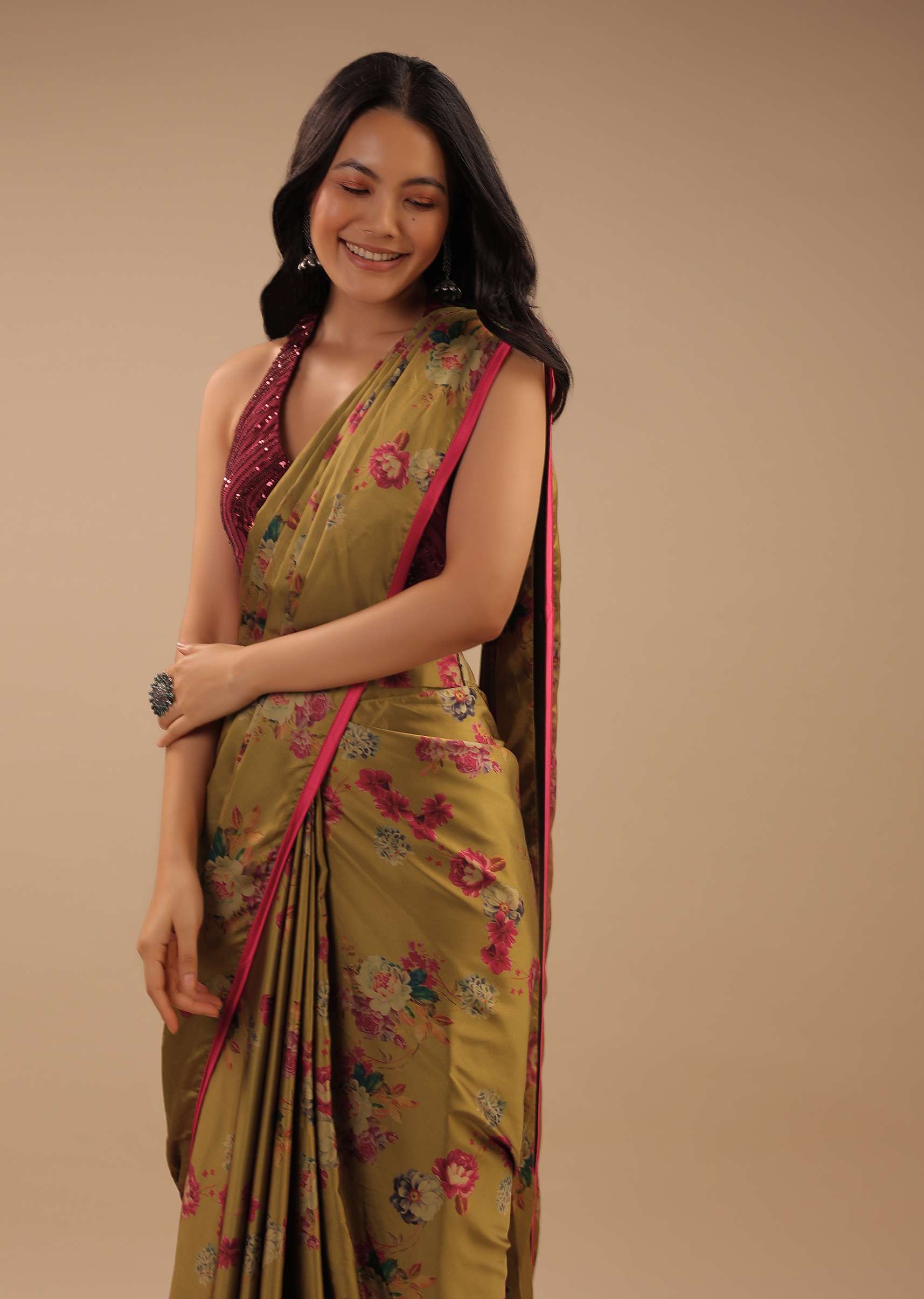 Sulphur Yellow Ready Pleated Saree With Floral Print And Contrast Red Sequins Blouse - Image 4