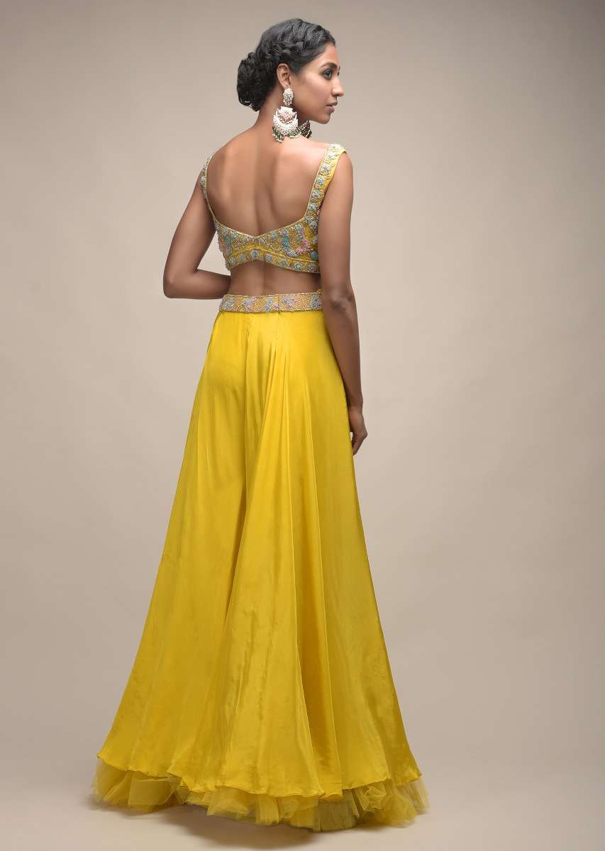 Sun Yellow Palazzo Suit With 3D Organza Flower Embellished Crop Top And Short Cape - Image 5