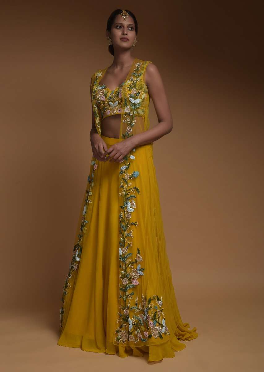 Sun Yellow Skirt, Crop Top And Jacket With 3D Flowers And Embossed Embroidery - Image 2