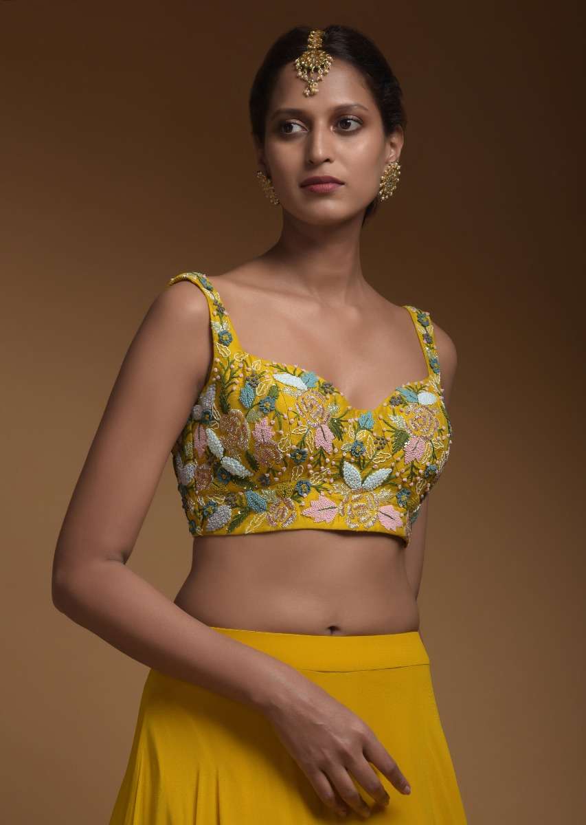 Sun Yellow Skirt, Crop Top And Jacket With 3D Flowers And Embossed Embroidery - Image 3