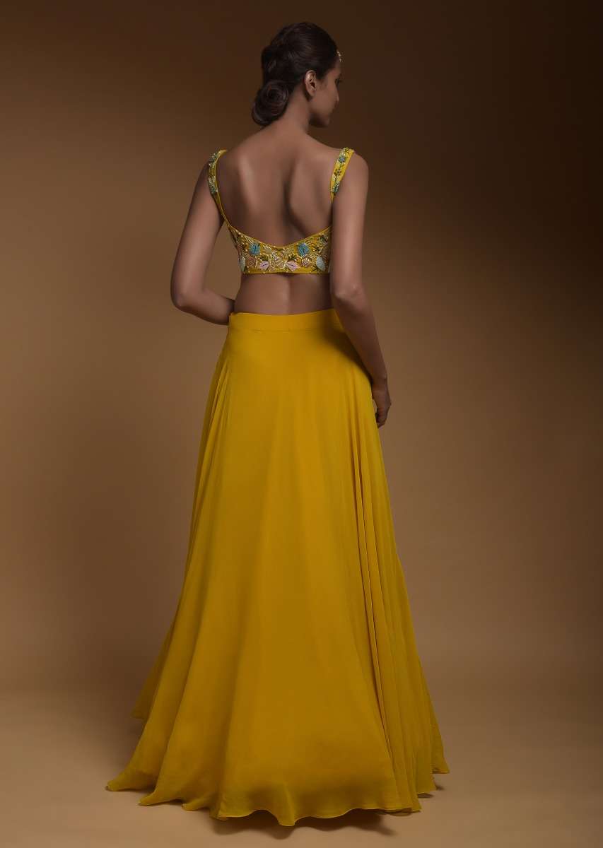 Sun Yellow Skirt, Crop Top And Jacket With 3D Flowers And Embossed Embroidery - Image 7