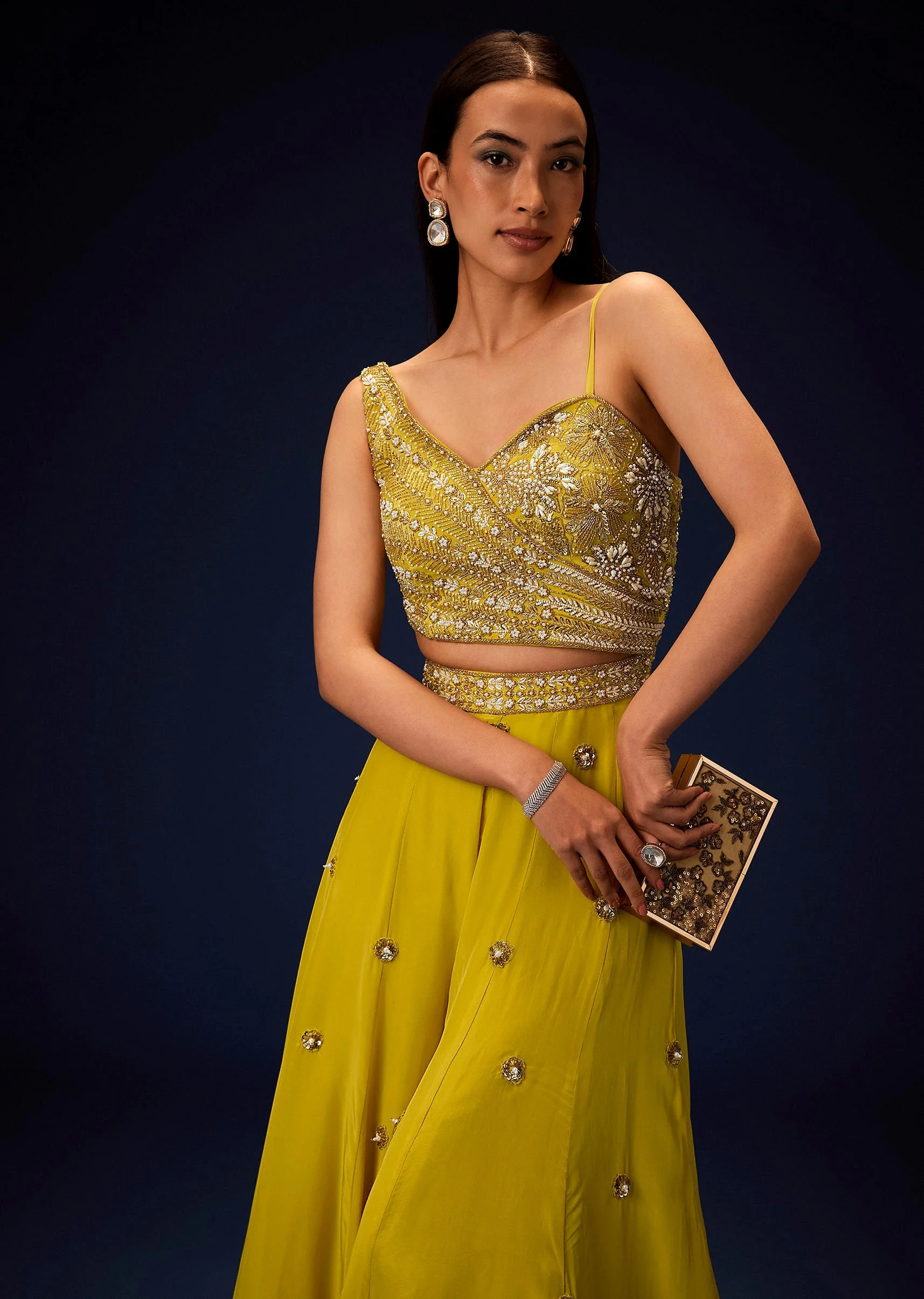 Sunglow Mustard Hand Embroidered Double Layer Frill Jumpsuit - Image 2