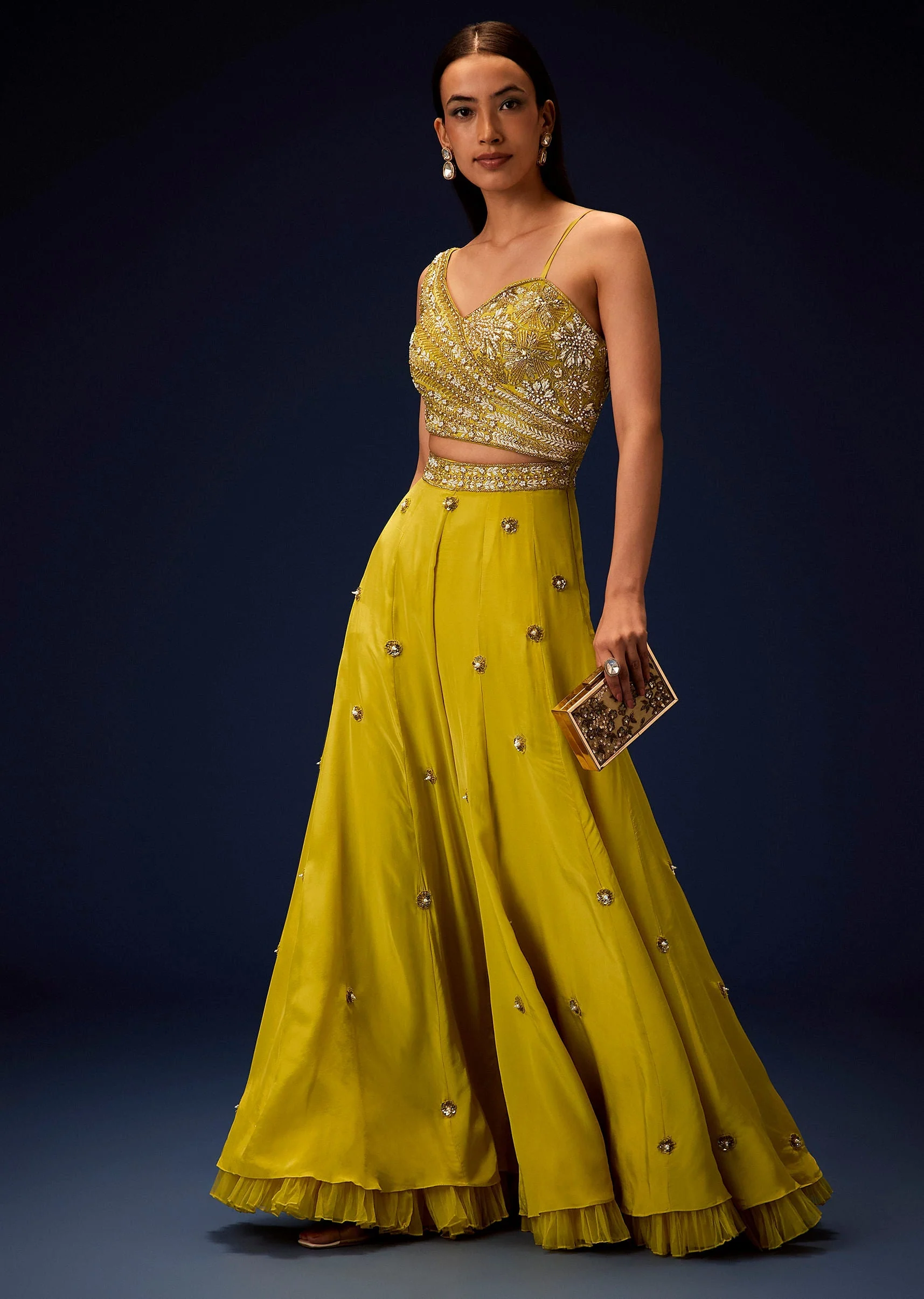 Sunglow Mustard Hand Embroidered Double Layer Frill Jumpsuit - Image 3