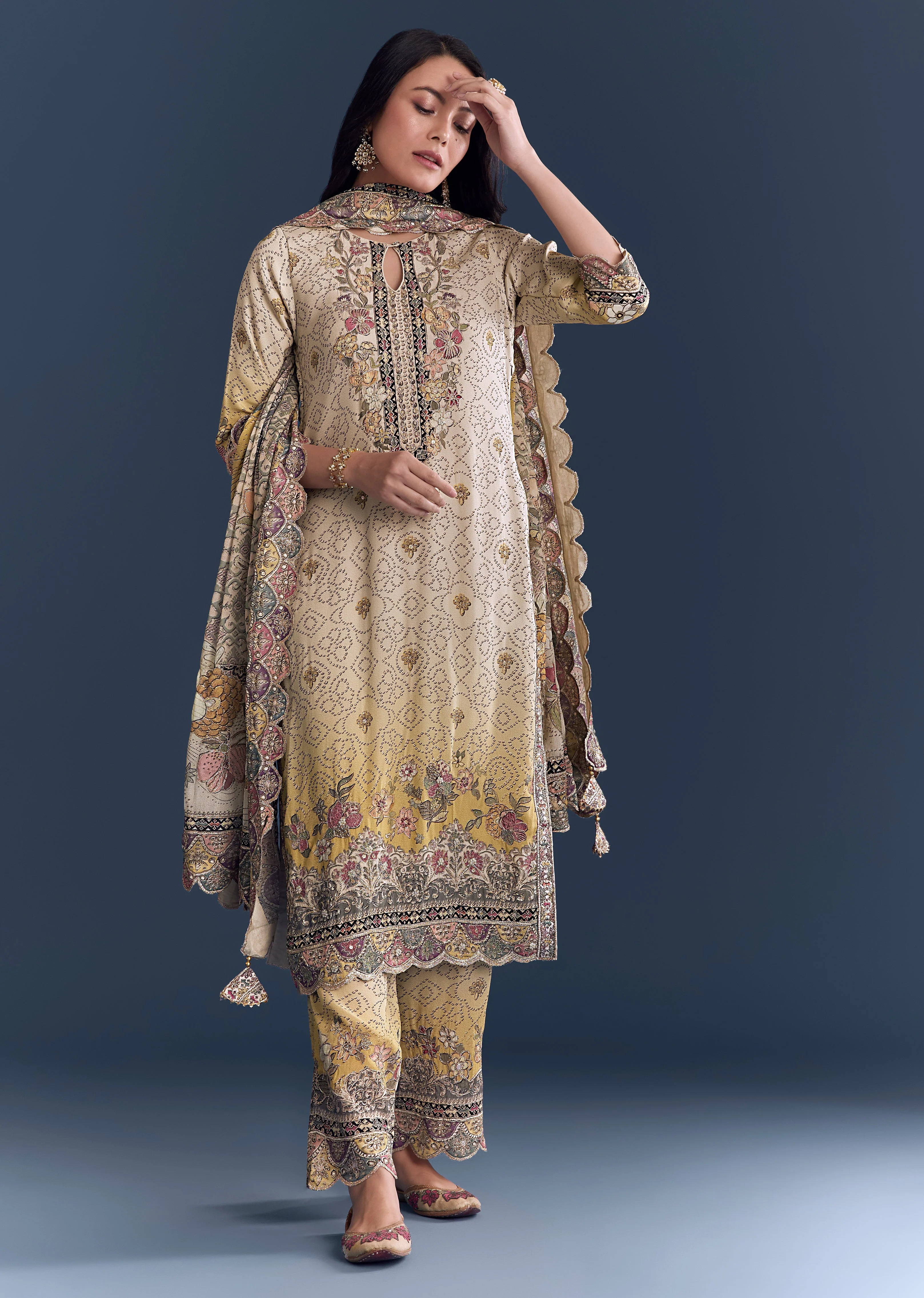 Sunlit Couple Set – Yellow-Beige Ombre Floral Kurta Set for Her And Multicolour Silk Thread Work Kurta Jacket Set for Him - Image 3
