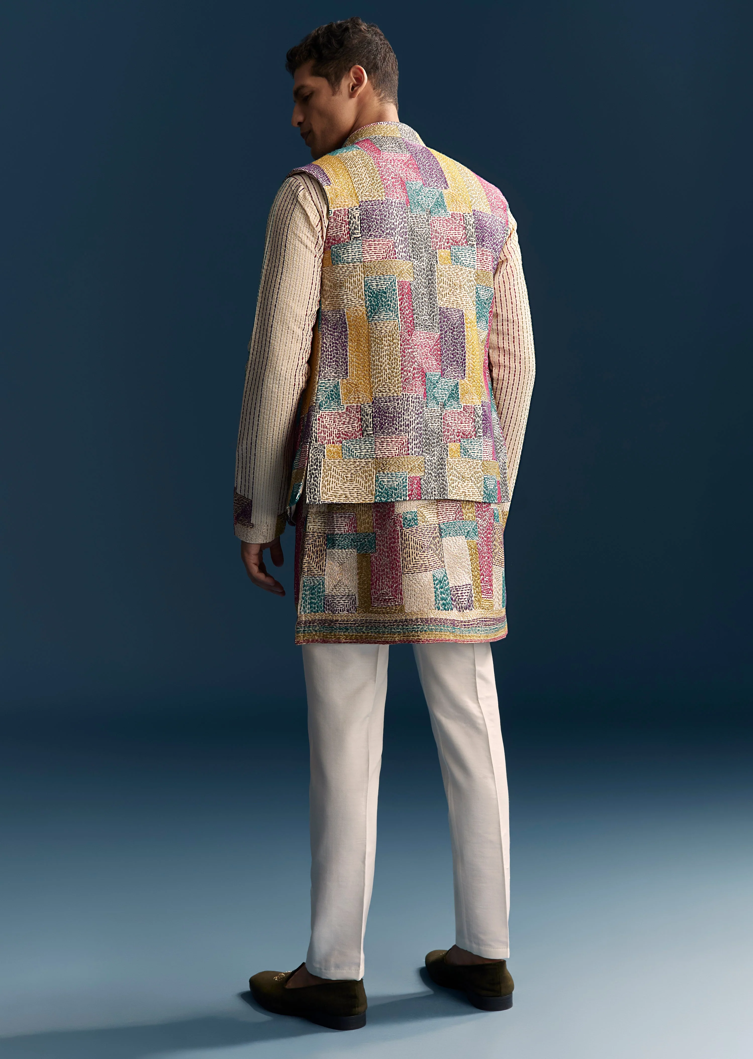 Sunlit Couple Set – Yellow-Beige Ombre Floral Kurta Set for Her And Multicolour Silk Thread Work Kurta Jacket Set for Him - Image 8