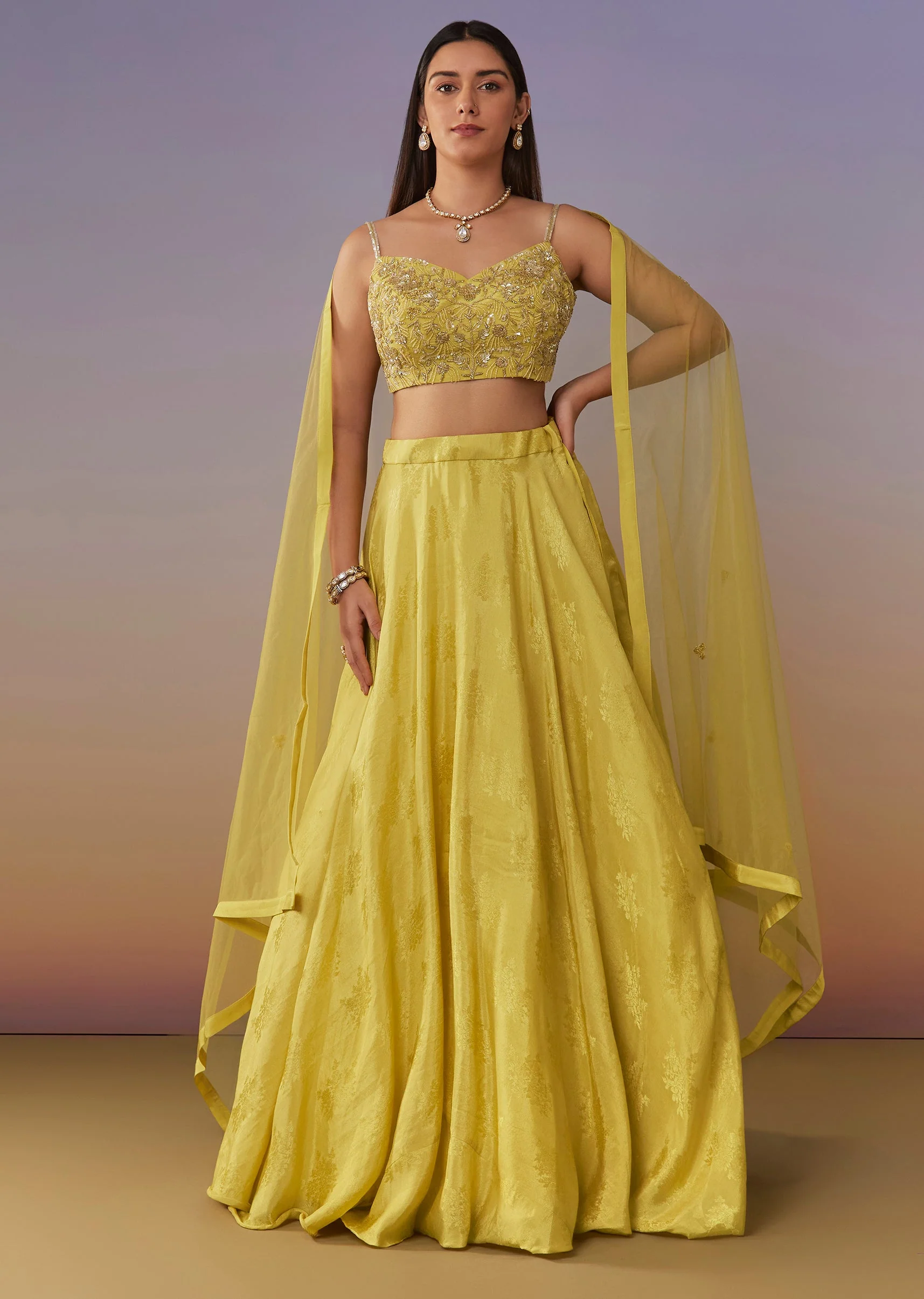 Sunlit Yellow Duo – Banarasi Lehenga For Her And Kurta Set For Him - Image 3