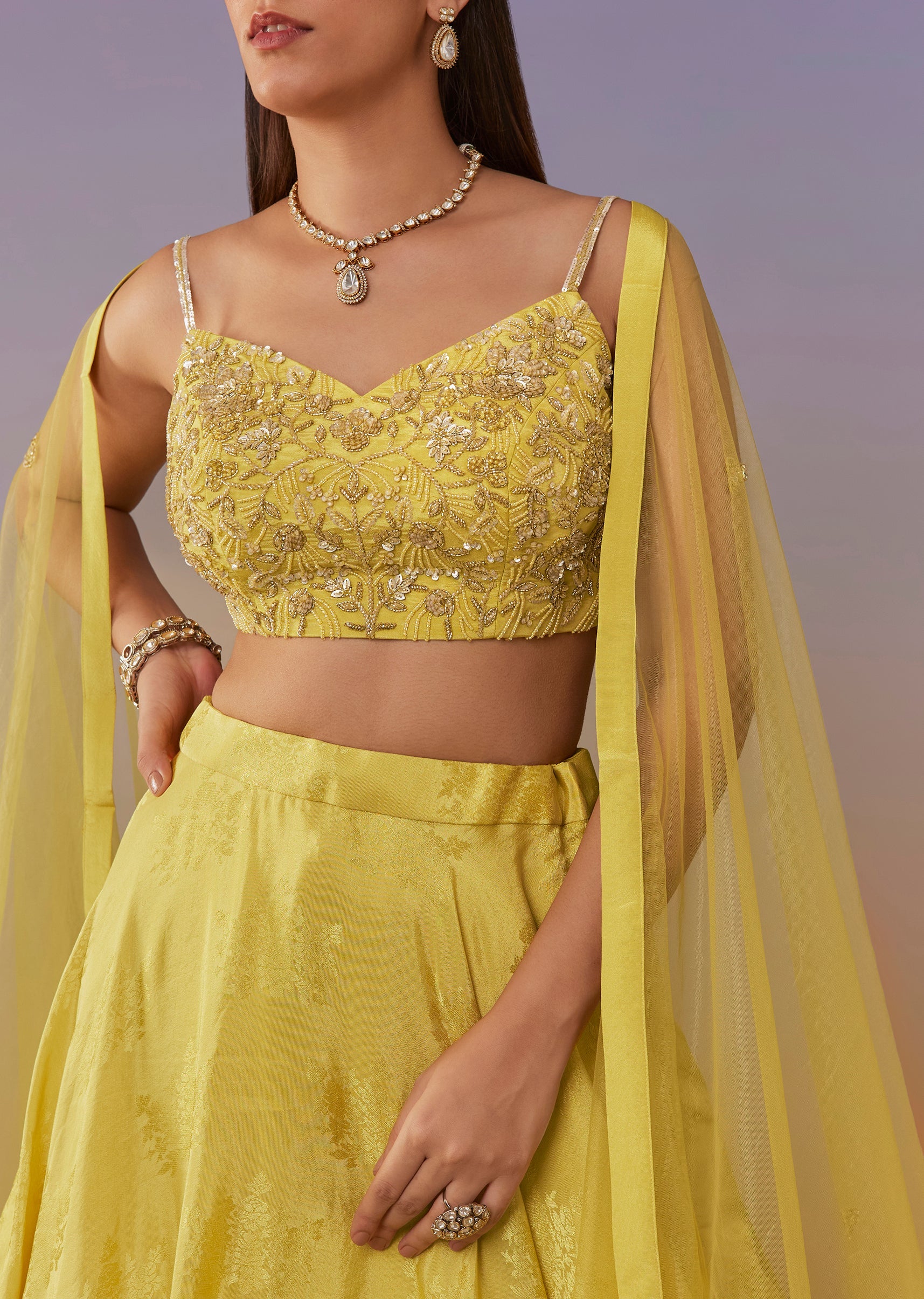 Sunlit Yellow Duo – Banarasi Lehenga For Her And Kurta Set For Him - Image 4