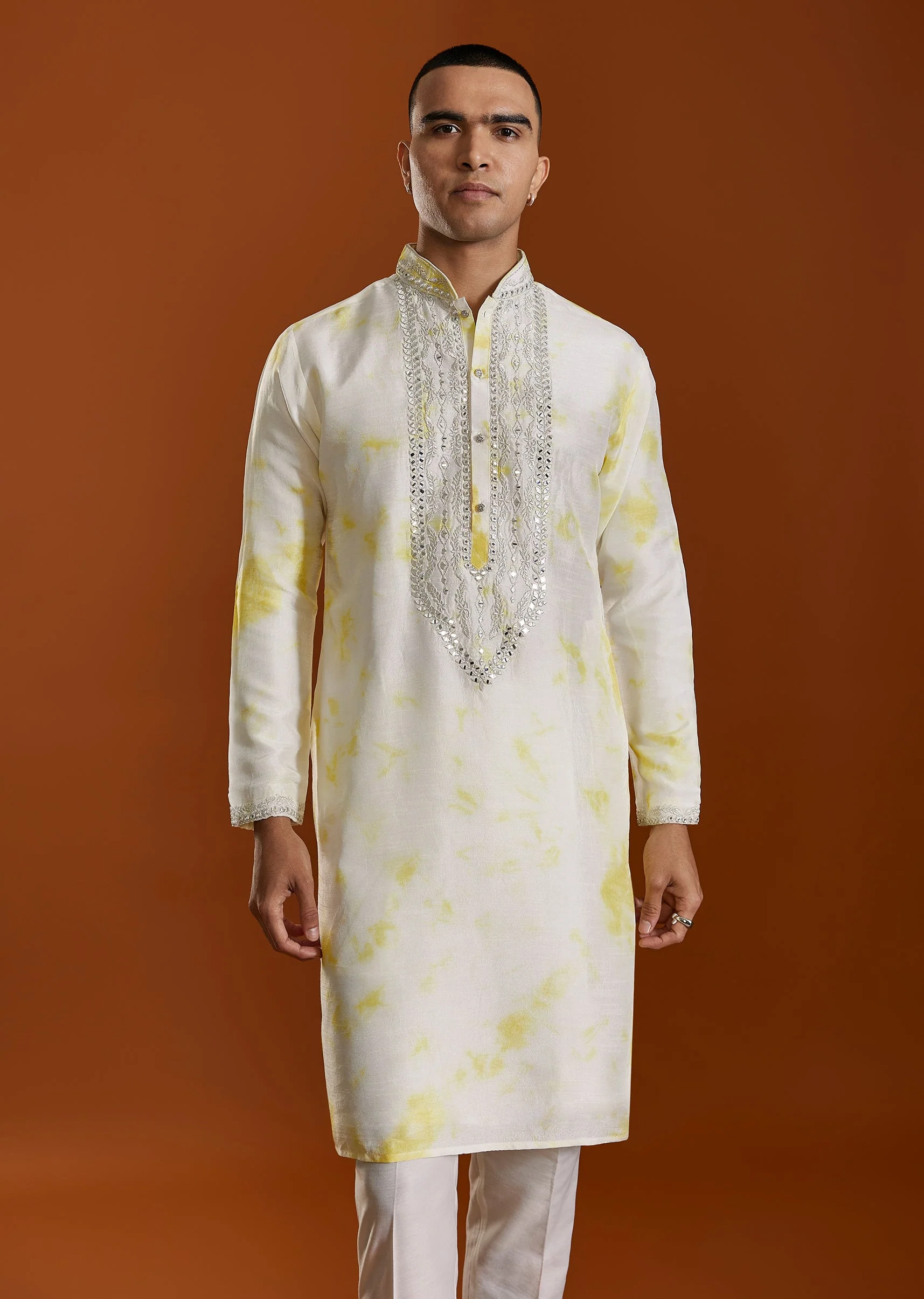 Sunlit Yellow Duo – Banarasi Lehenga For Her And Kurta Set For Him - Image 6
