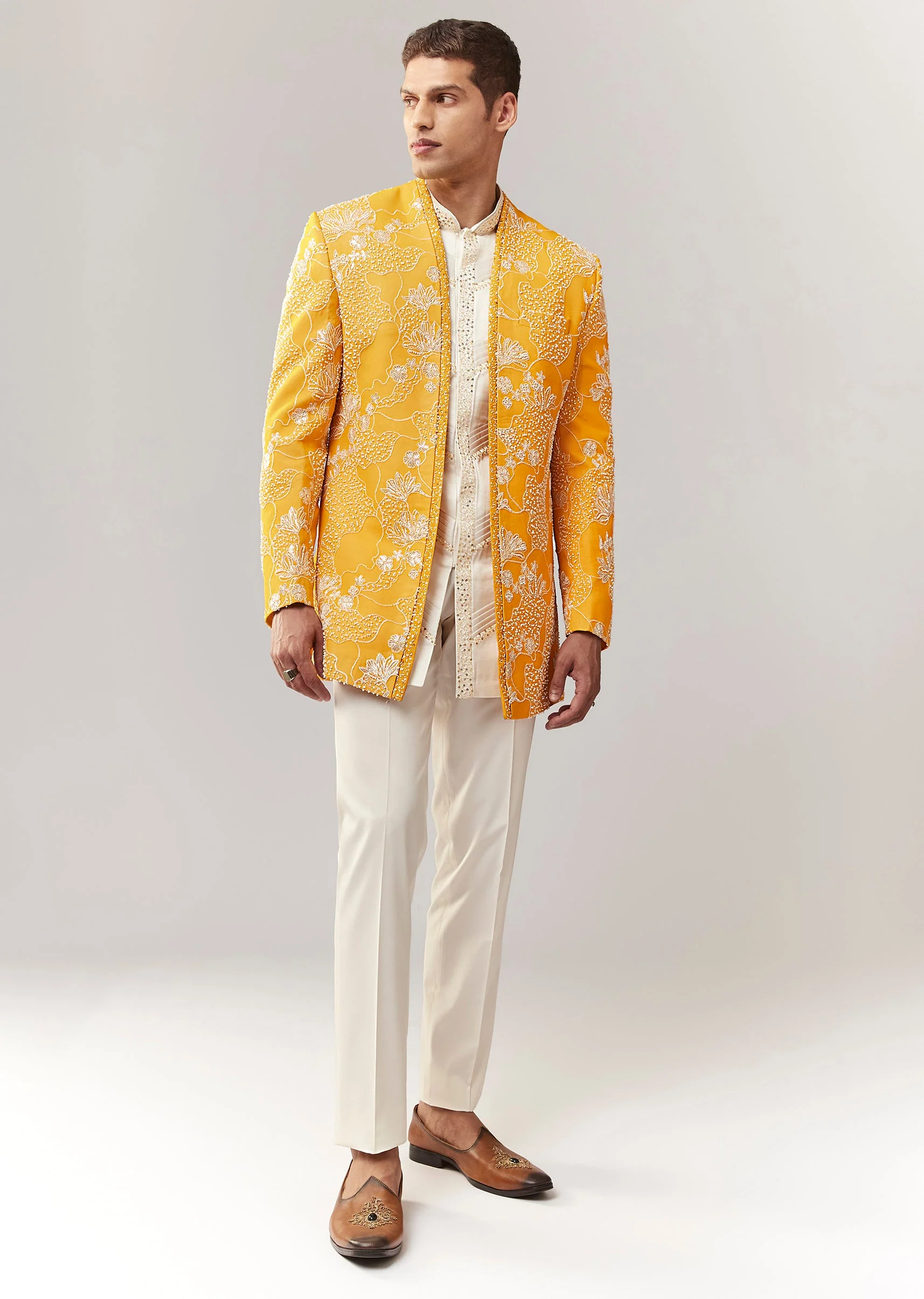 Sunshine Festive Duo – Satin Saree For Her And Silk Indo Western Set For Him - Image 11