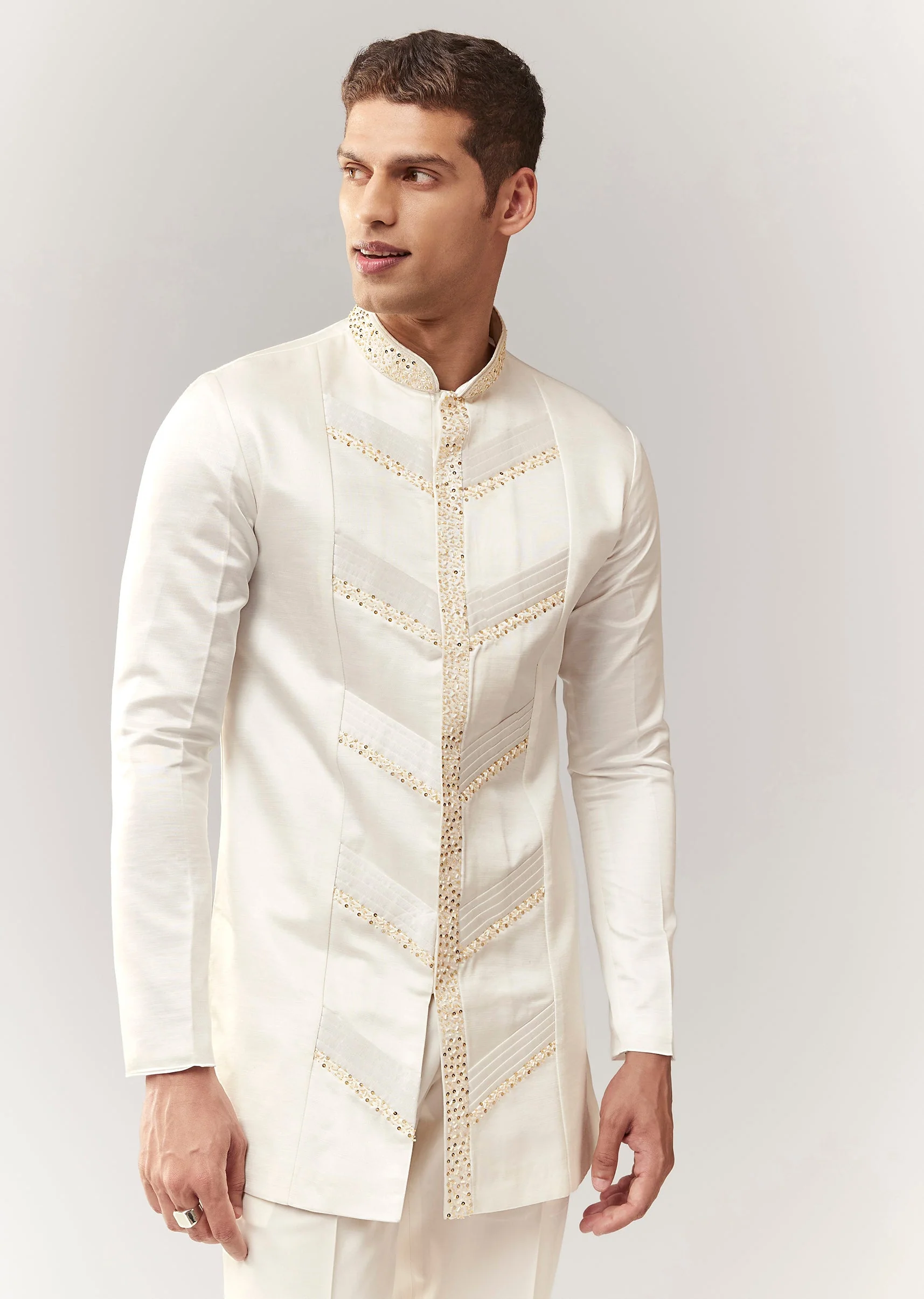Sunshine Festive Duo – Satin Saree For Her And Silk Indo Western Set For Him - Image 12