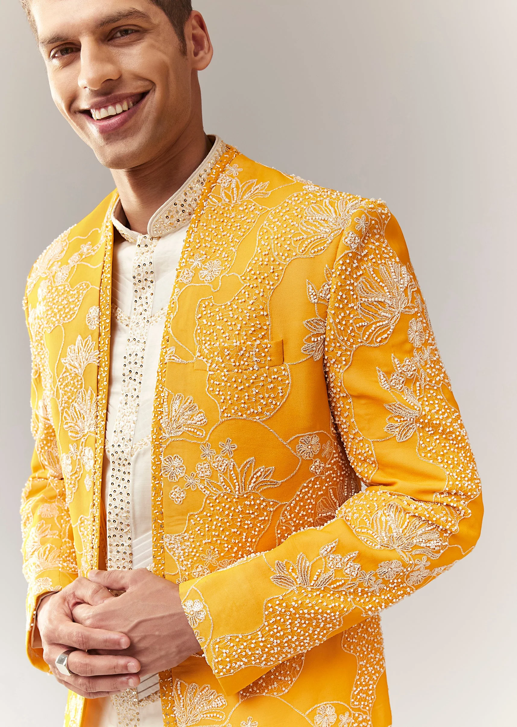 Sunshine Festive Duo – Satin Saree For Her And Silk Indo Western Set For Him - Image 9