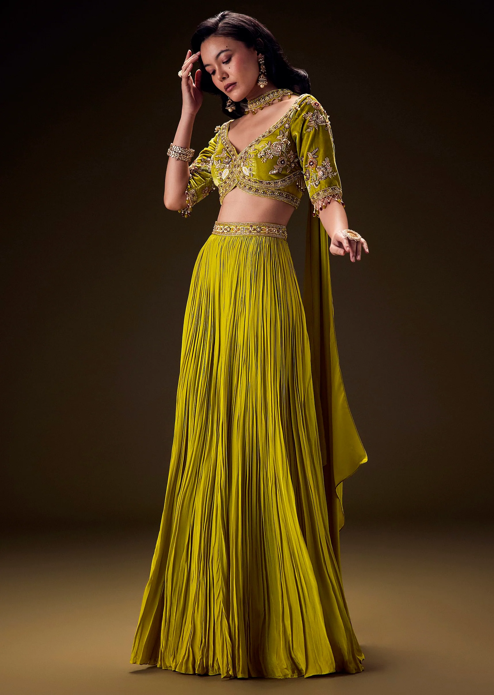 Sunshine Green Pleated Skirt With Hand Embroidered Belt And Choker Blouse - Image 2