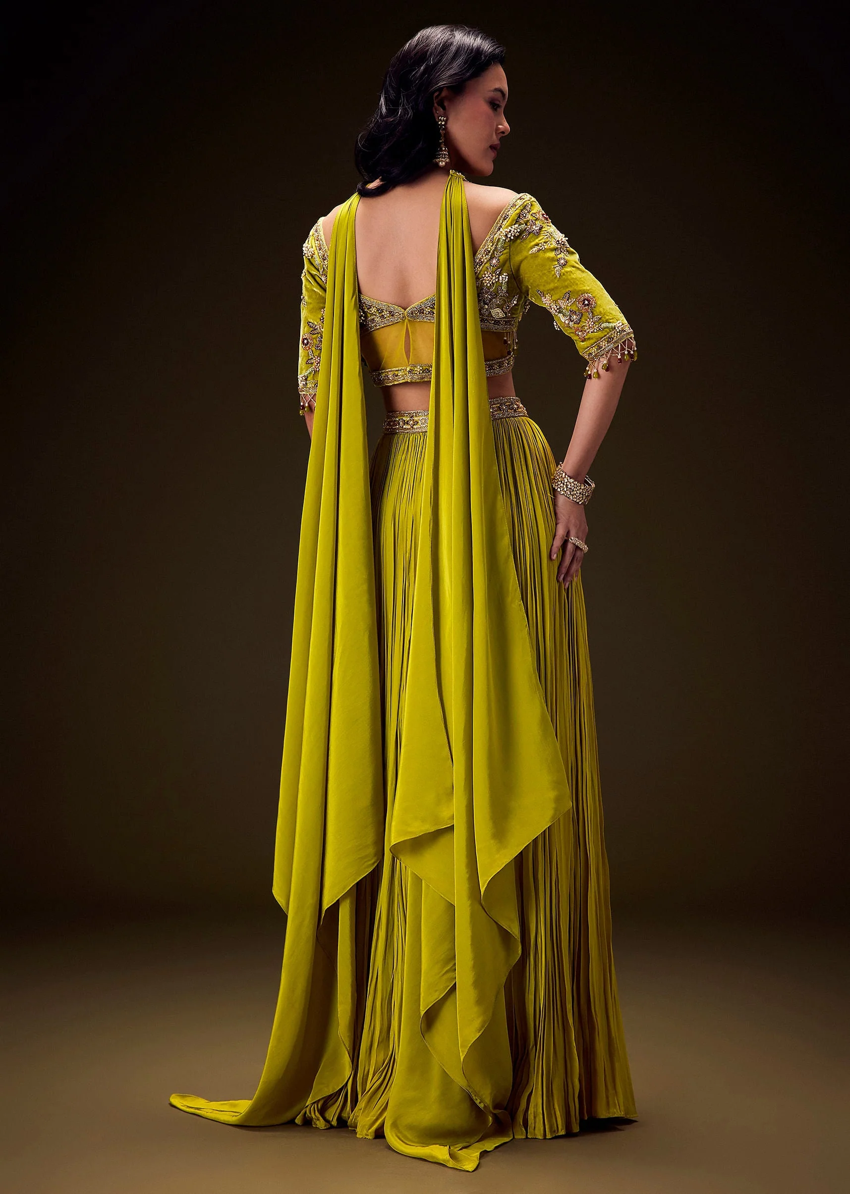Sunshine Green Pleated Skirt With Hand Embroidered Belt And Choker Blouse - Image 3