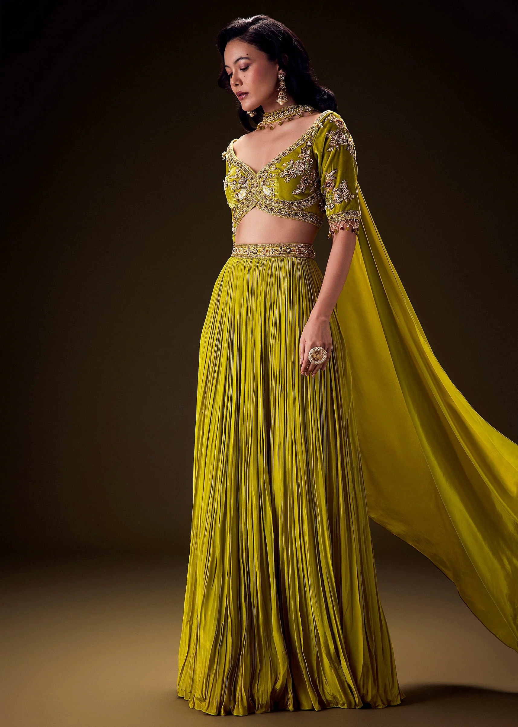 Sunshine Green Pleated Skirt With Hand Embroidered Belt And Choker Blouse - Image 4