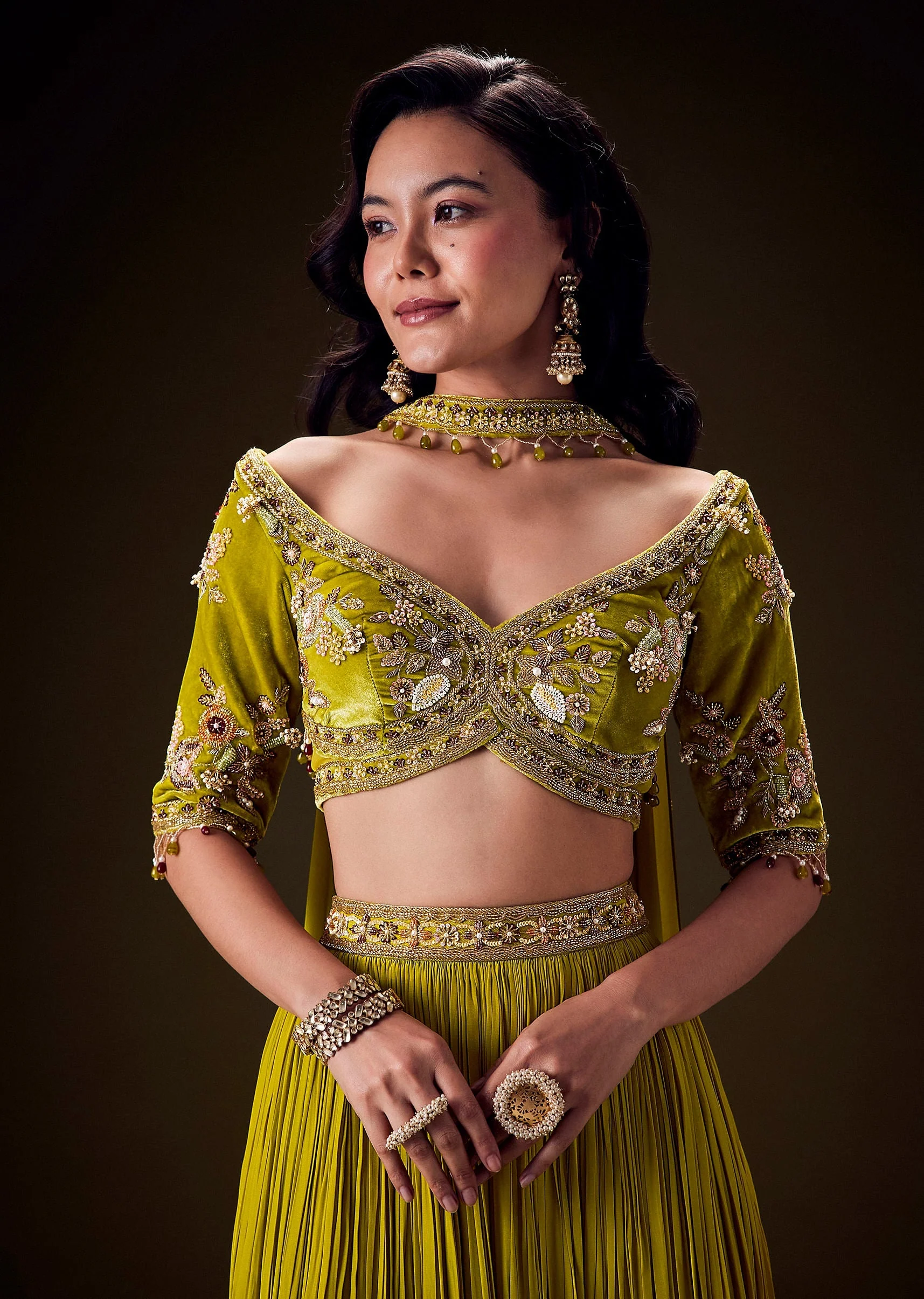 Sunshine Green Pleated Skirt With Hand Embroidered Belt And Choker Blouse - Image 5
