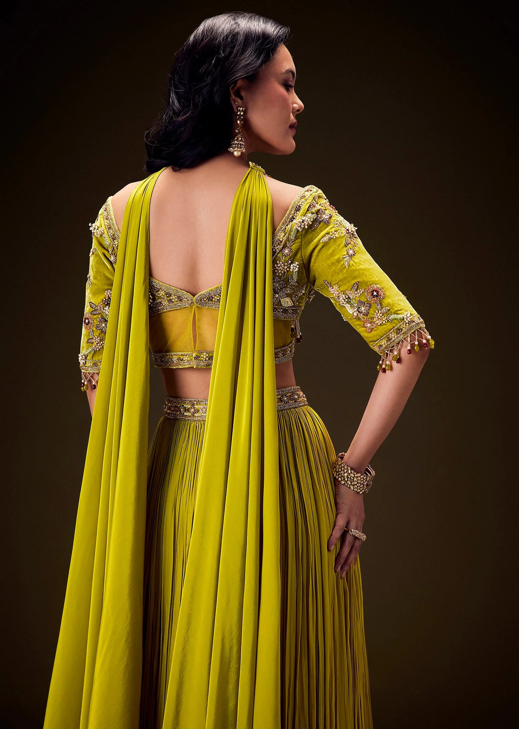 Sunshine Green Pleated Skirt With Hand Embroidered Belt And Choker Blouse - Image 6