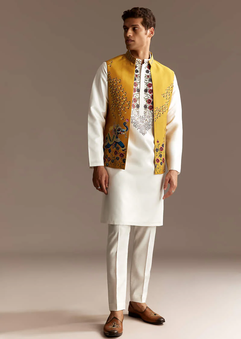Sunshine Yellow Cutwork Kurta Jacket Set - Image 2
