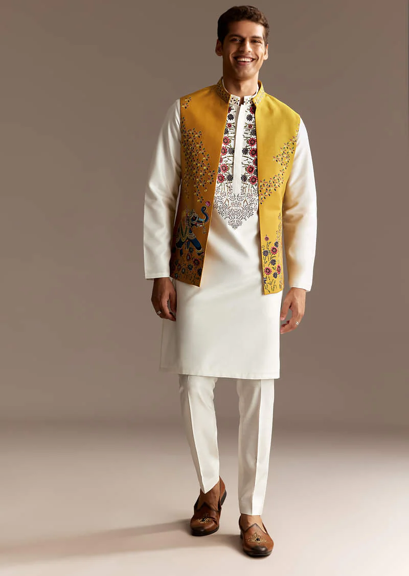 Sunshine Yellow Cutwork Kurta Jacket Set - Image 3