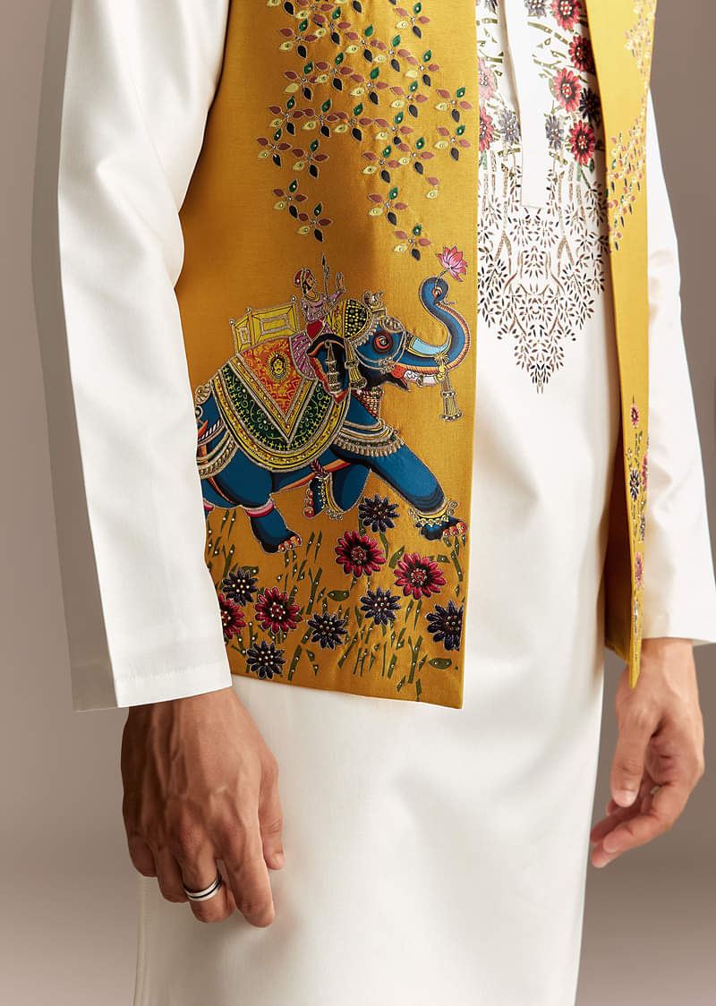 Sunshine Yellow Cutwork Kurta Jacket Set - Image 4