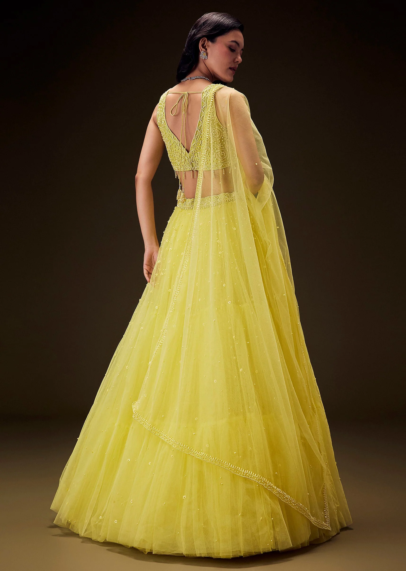 Sunshine Yellow Net Hand Embroided Pearl Work Lehenga Set - Image 6