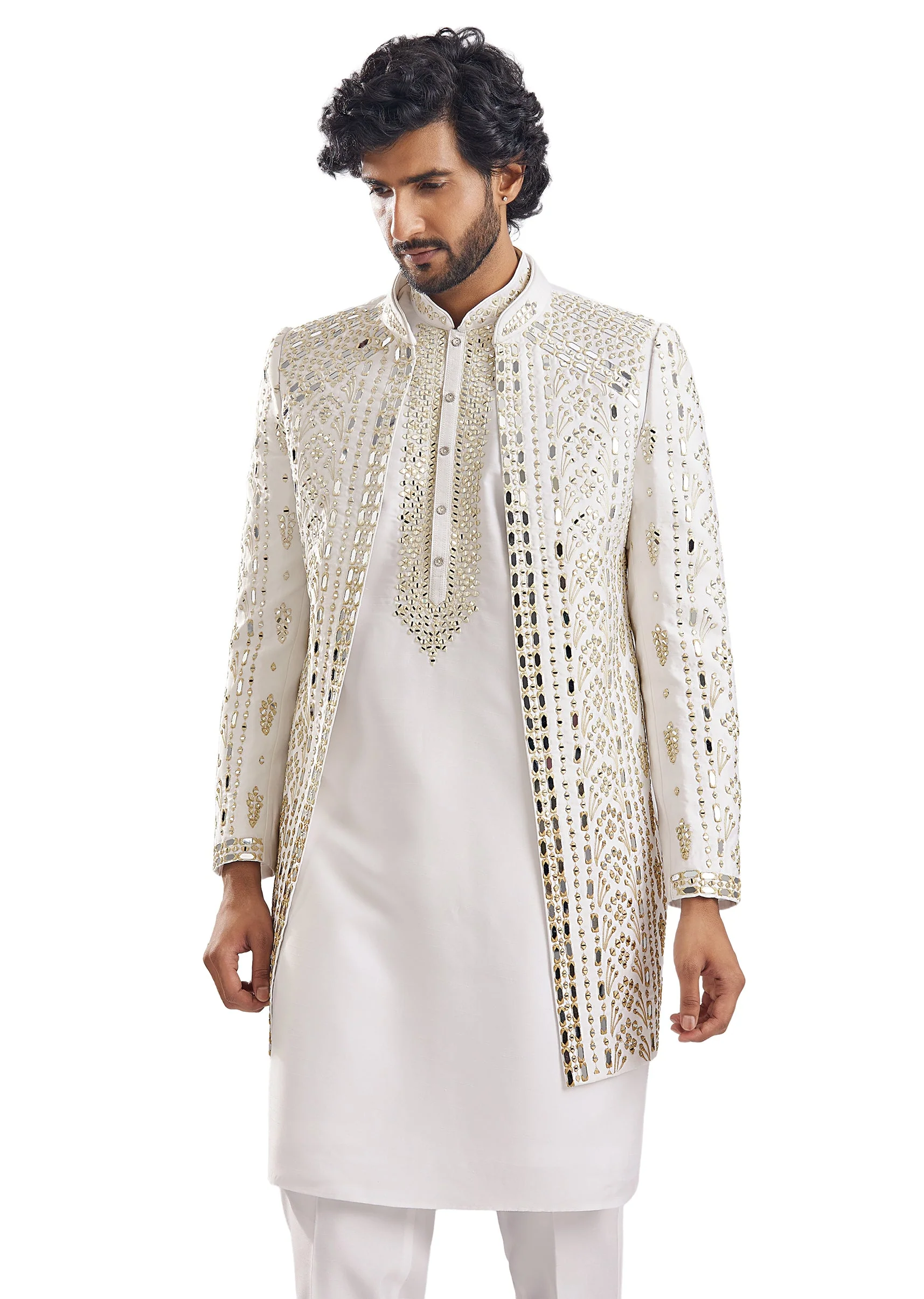 Sunshine Yellow Thread Mirror Groomsman Sherwani - Image 2