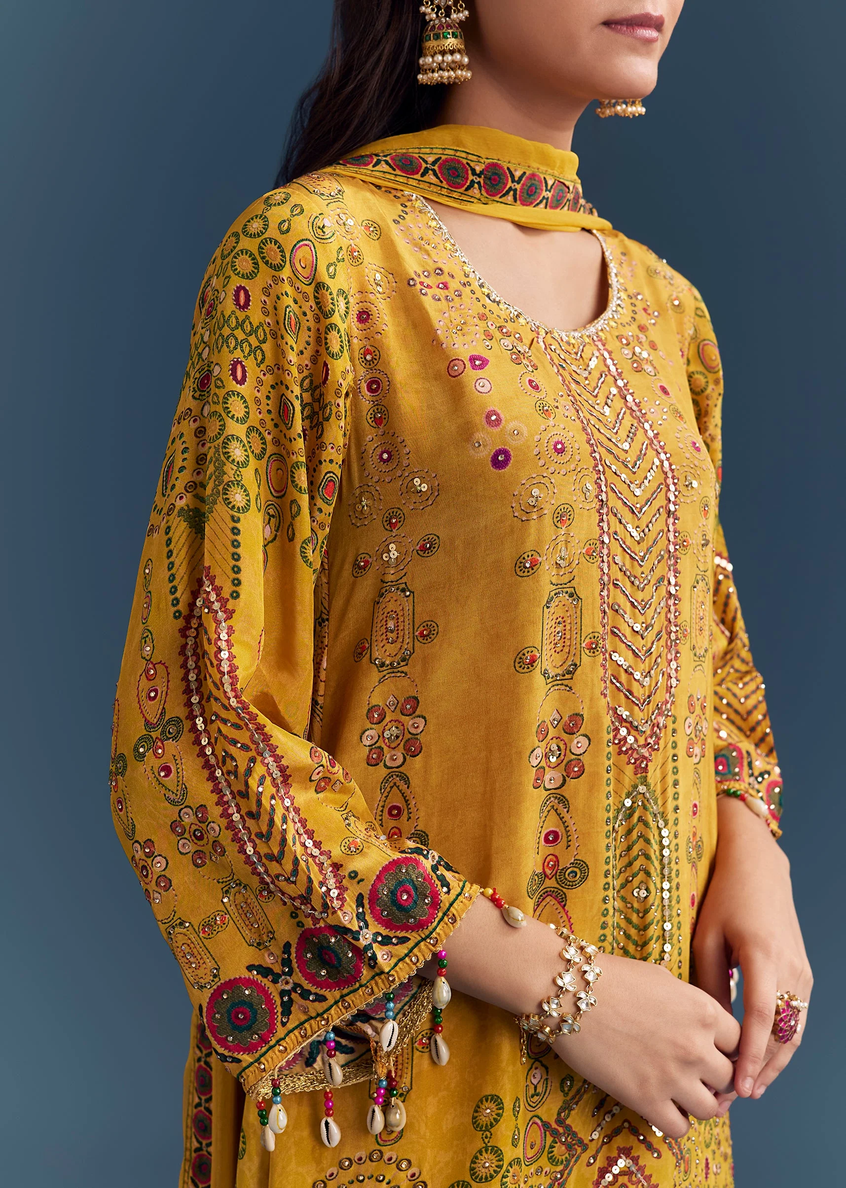 Sunshine Yellow Twin Ensemble – Crepe Sequin Kurta Set For Her And Yellow Kurta Jacket Set For Him - Image 2