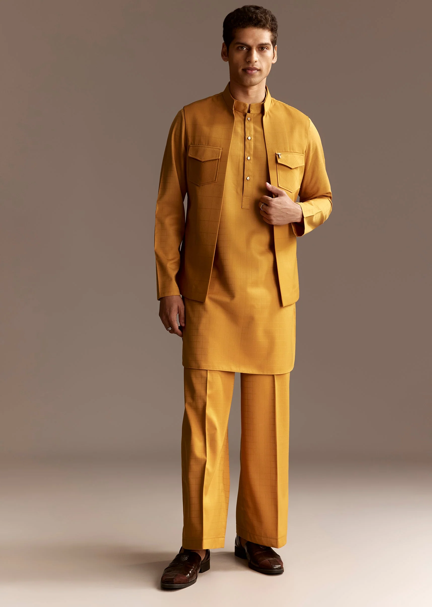 Sunshine Yellow Twin Ensemble – Crepe Sequin Kurta Set For Her And Yellow Kurta Jacket Set For Him - Image 8