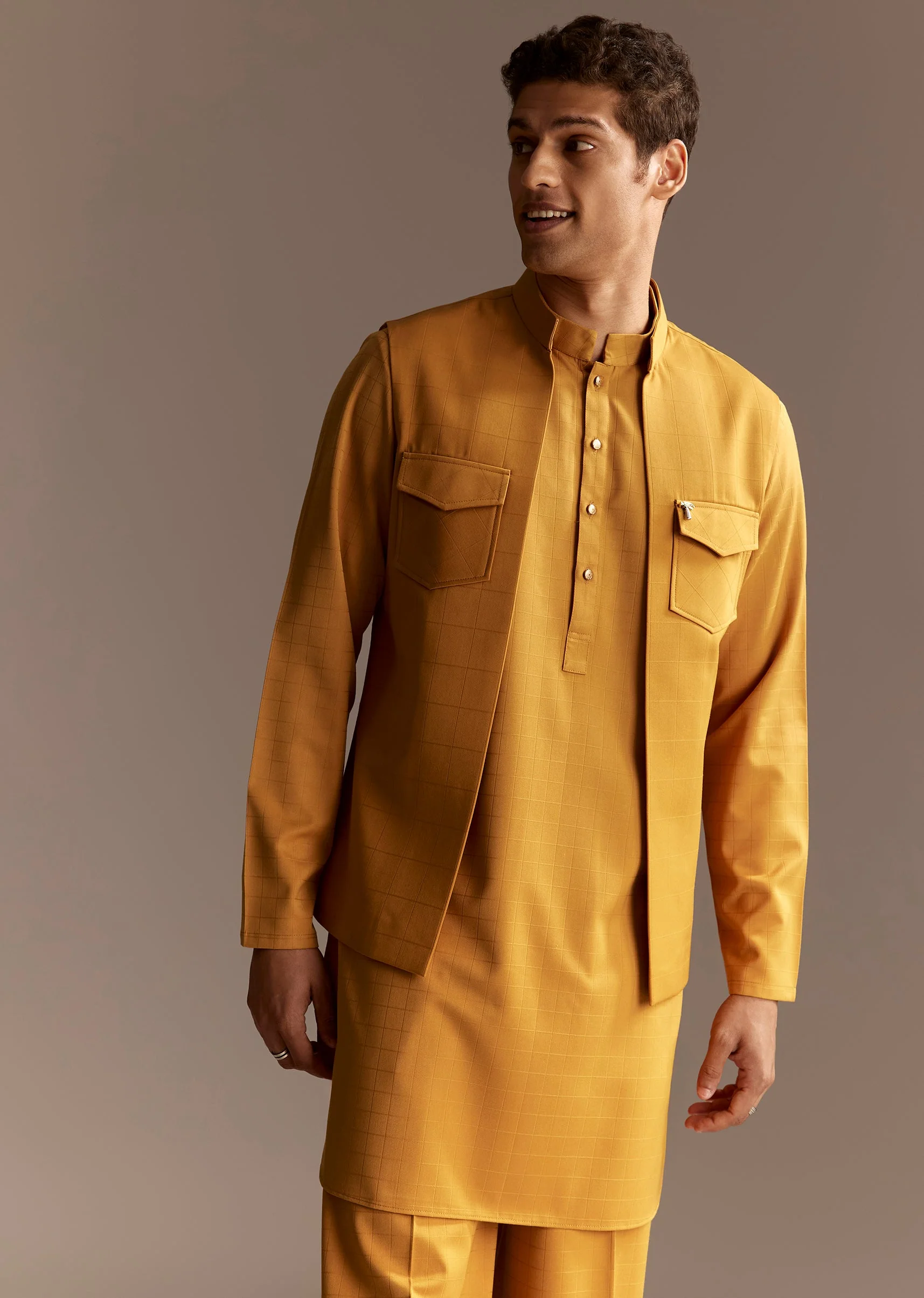 Sunshine Yellow Twin Ensemble – Crepe Sequin Kurta Set For Her And Yellow Kurta Jacket Set For Him - Image 9