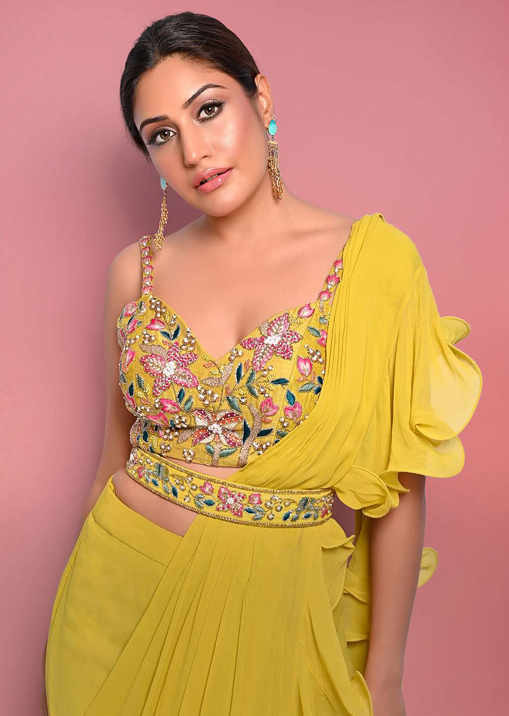 Surbhi Chandna In Kalki Citrus Ready Pleated Ruffle Saree With Multi-Color Floral Hand Embroidered Blouse - Image 3