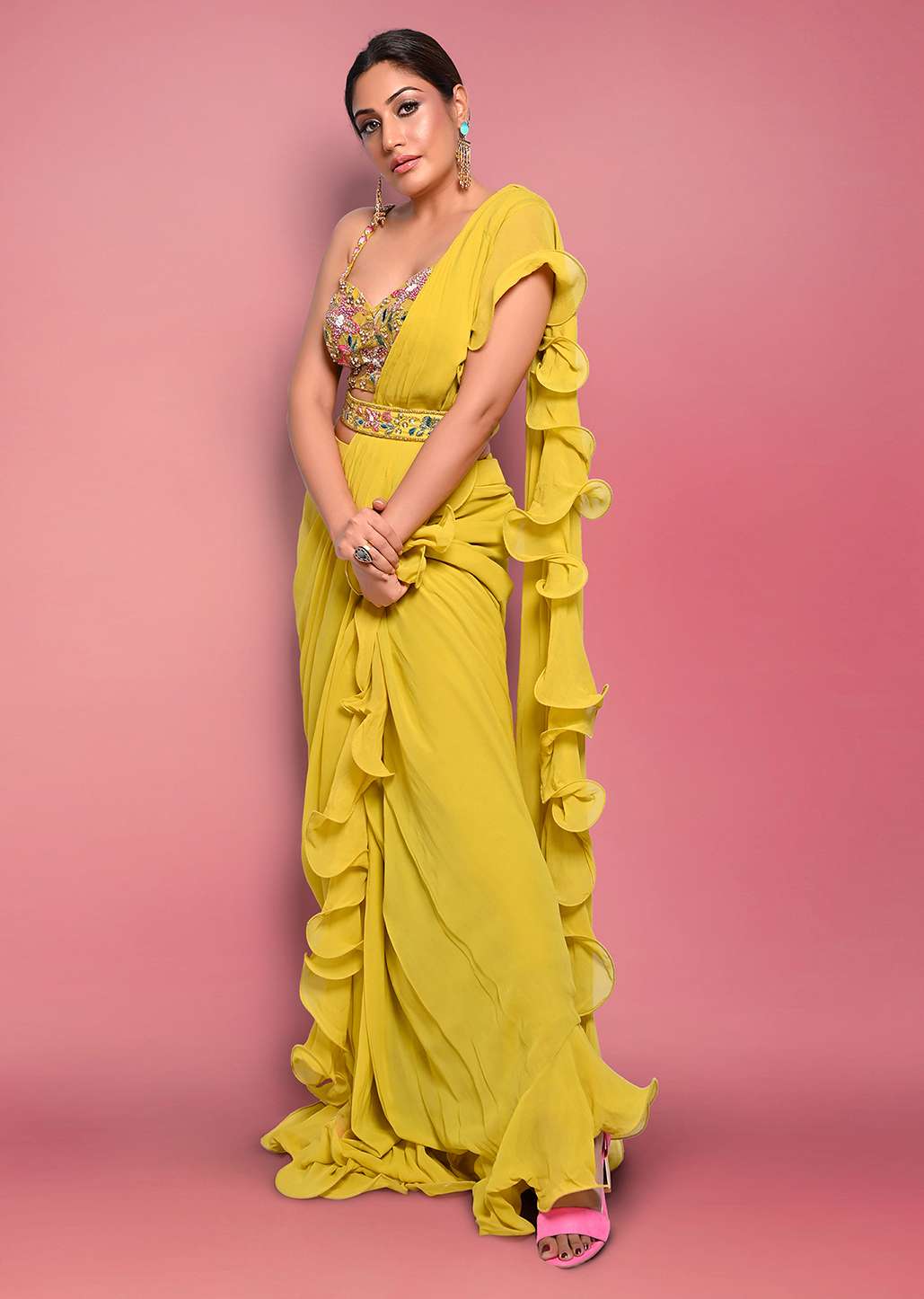 Surbhi Chandna In Kalki Citrus Ready Pleated Ruffle Saree With Multi-Color Floral Hand Embroidered Blouse - Image 4