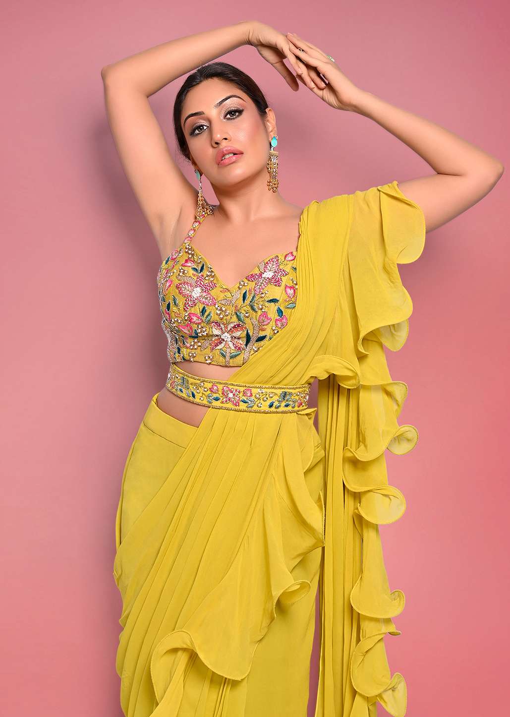 Surbhi Chandna In Kalki Citrus Ready Pleated Ruffle Saree With Multi-Color Floral Hand Embroidered Blouse - Image 5