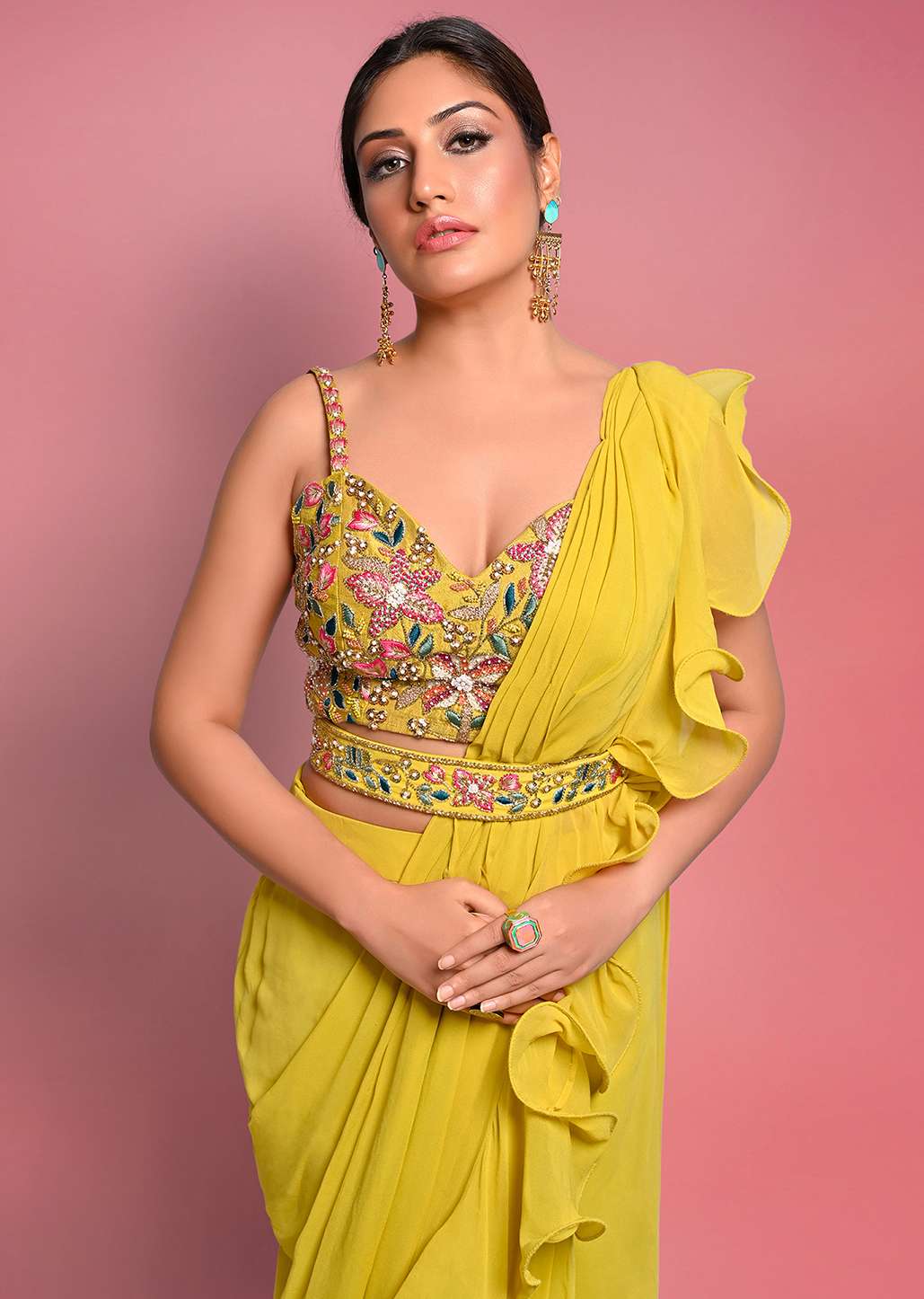 Surbhi Chandna In Kalki Citrus Ready Pleated Ruffle Saree With Multi-Color Floral Hand Embroidered Blouse - Image 6