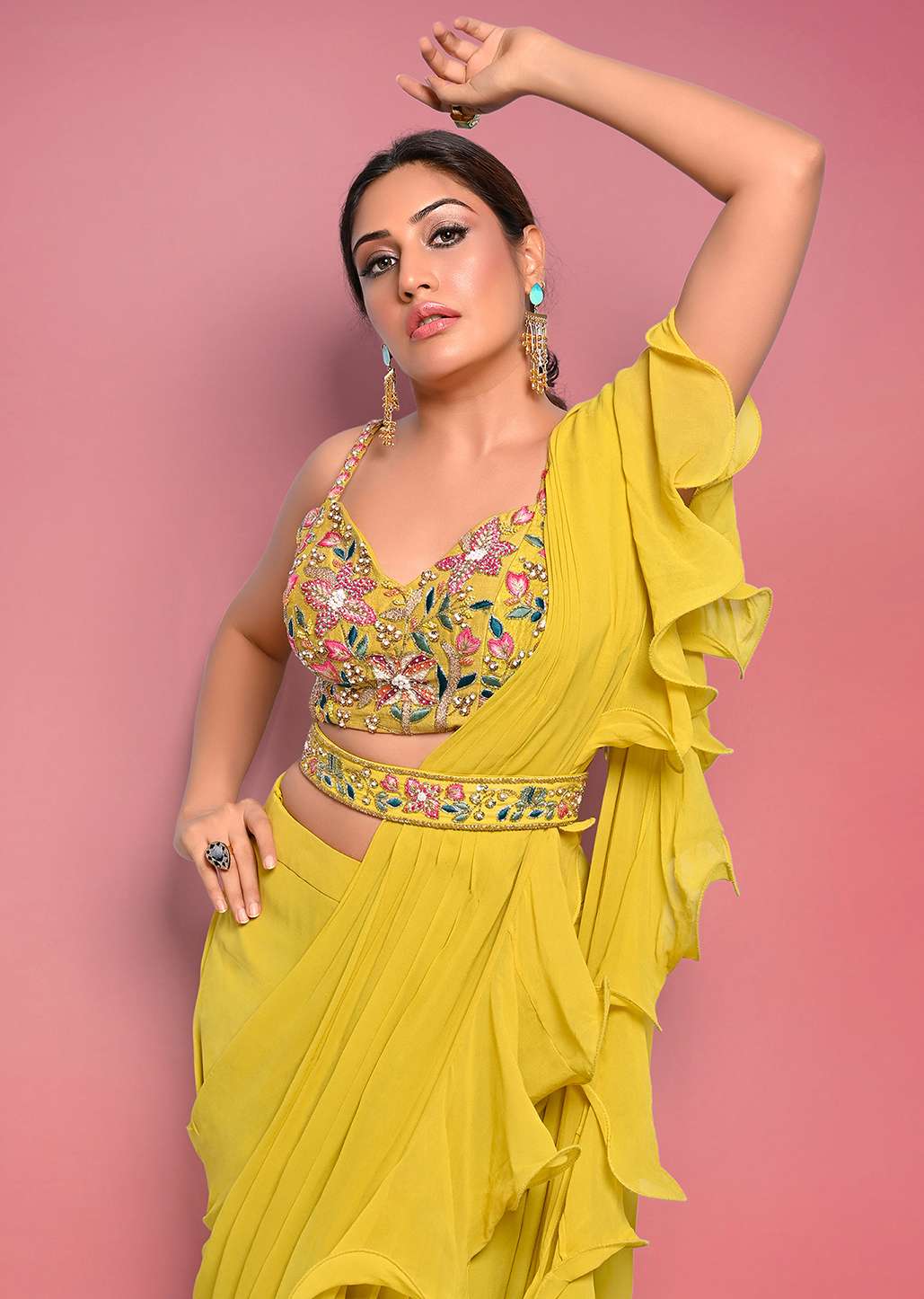 Surbhi Chandna In Kalki Citrus Ready Pleated Ruffle Saree With Multi-Color Floral Hand Embroidered Blouse - Image 7