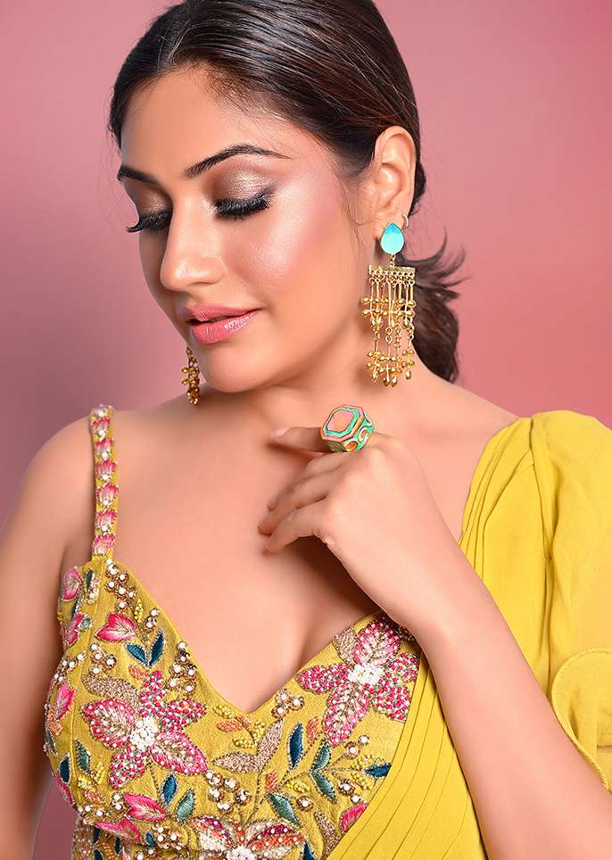 Surbhi Chandna In Kalki Citrus Ready Pleated Ruffle Saree With Multi-Color Floral Hand Embroidered Blouse - Image 8