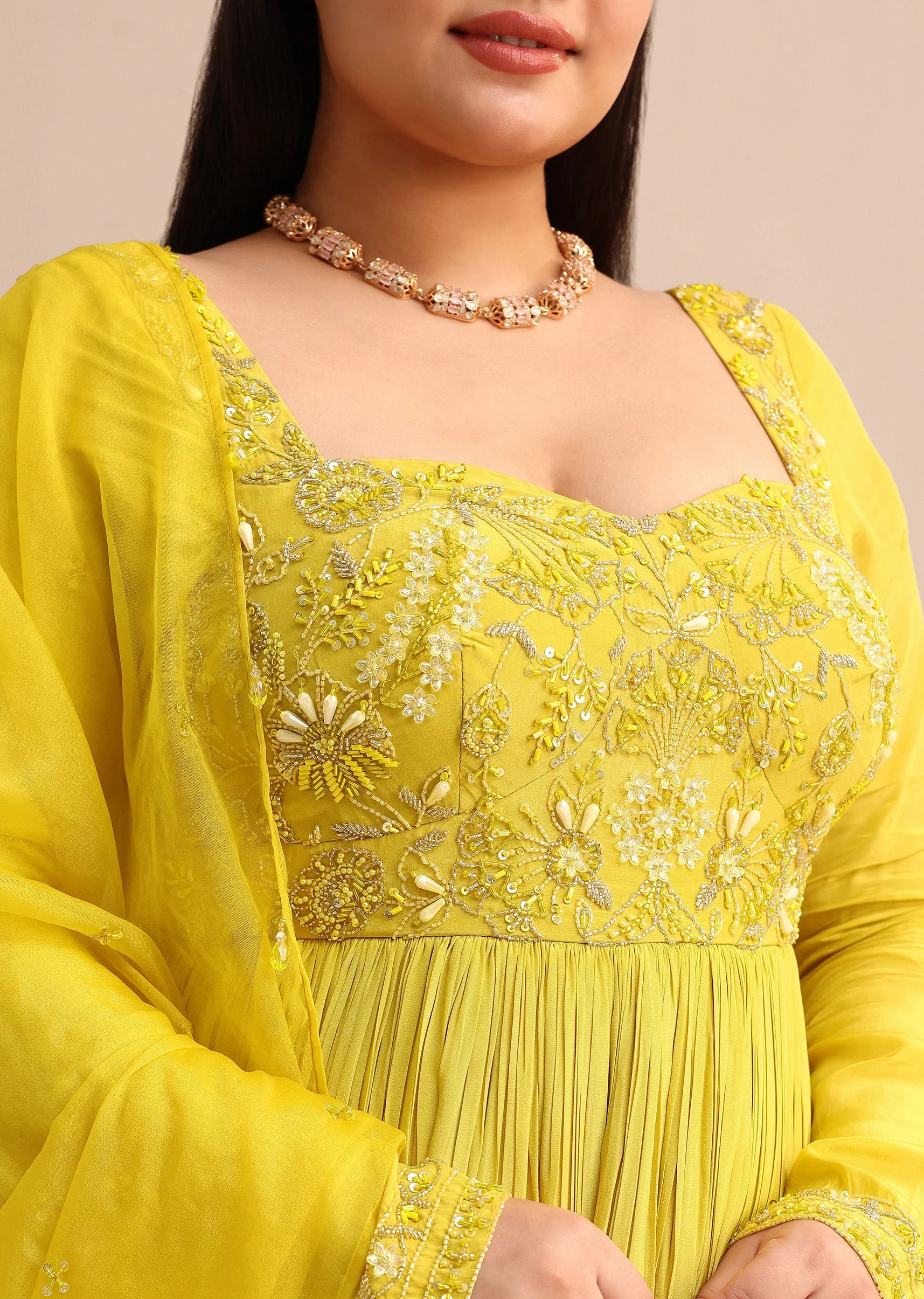 Sweetheart Neck Embroidered Crepe Yellow Anarkali Suit - Image 2